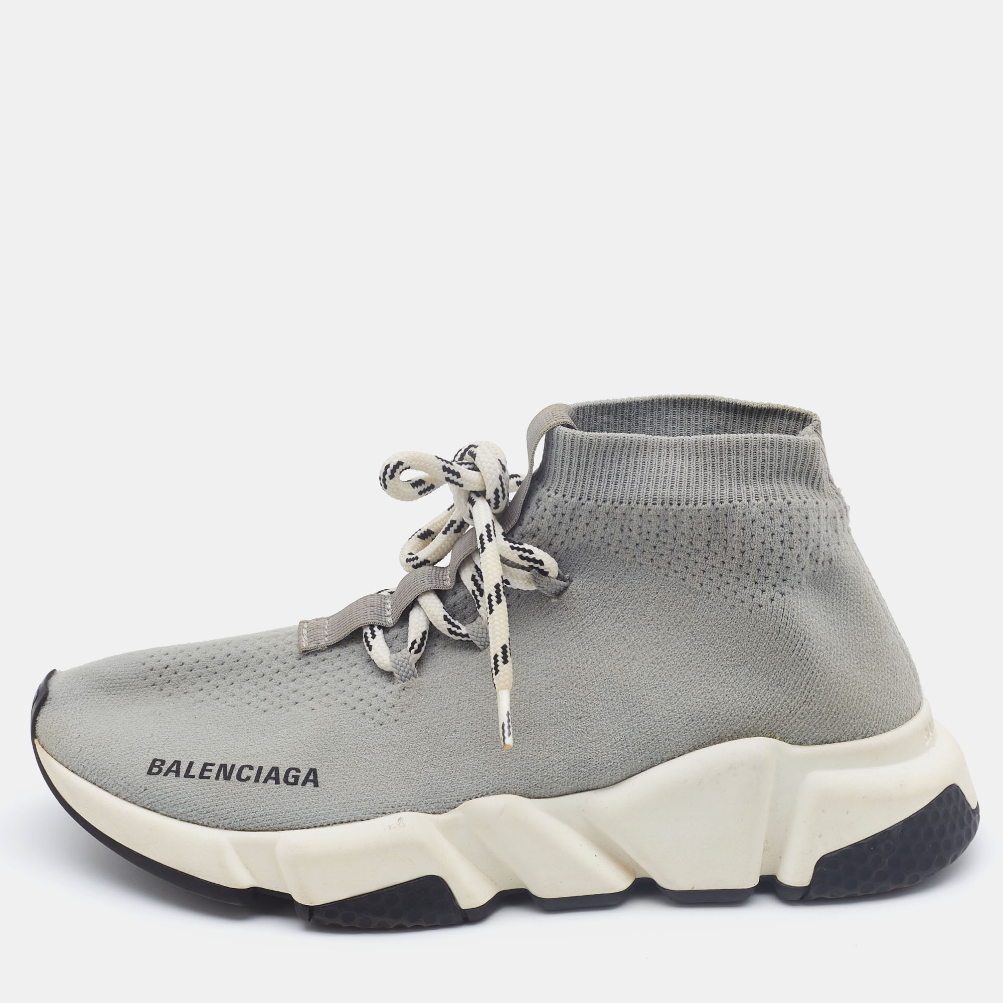 Balenciaga Grey Knit Fabric Speed Trainer Lace Up Sneakers Size 37
