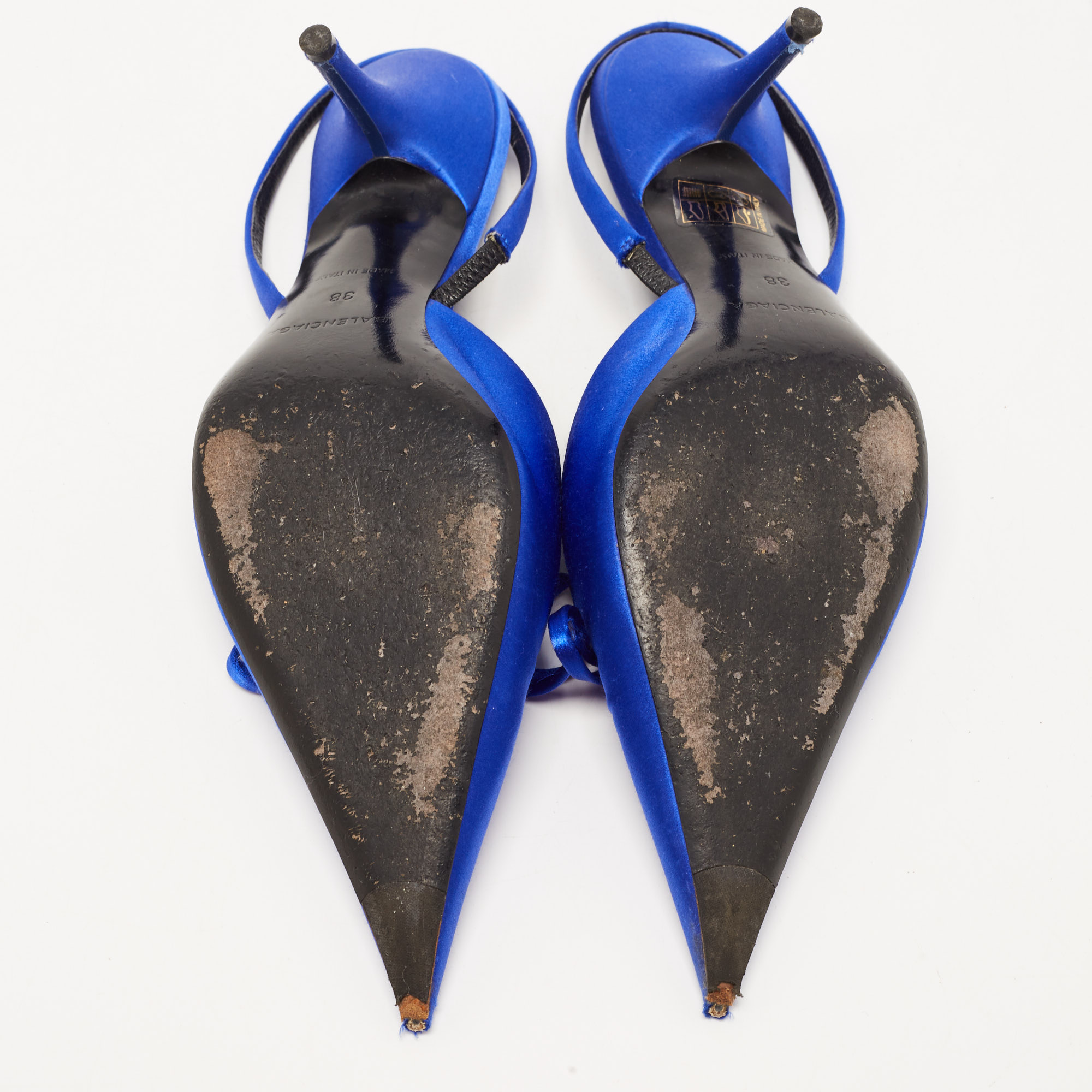 Balenciaga Navy Blue Satin Knife Bow Pointed Toe Slingback Pumps Size 38