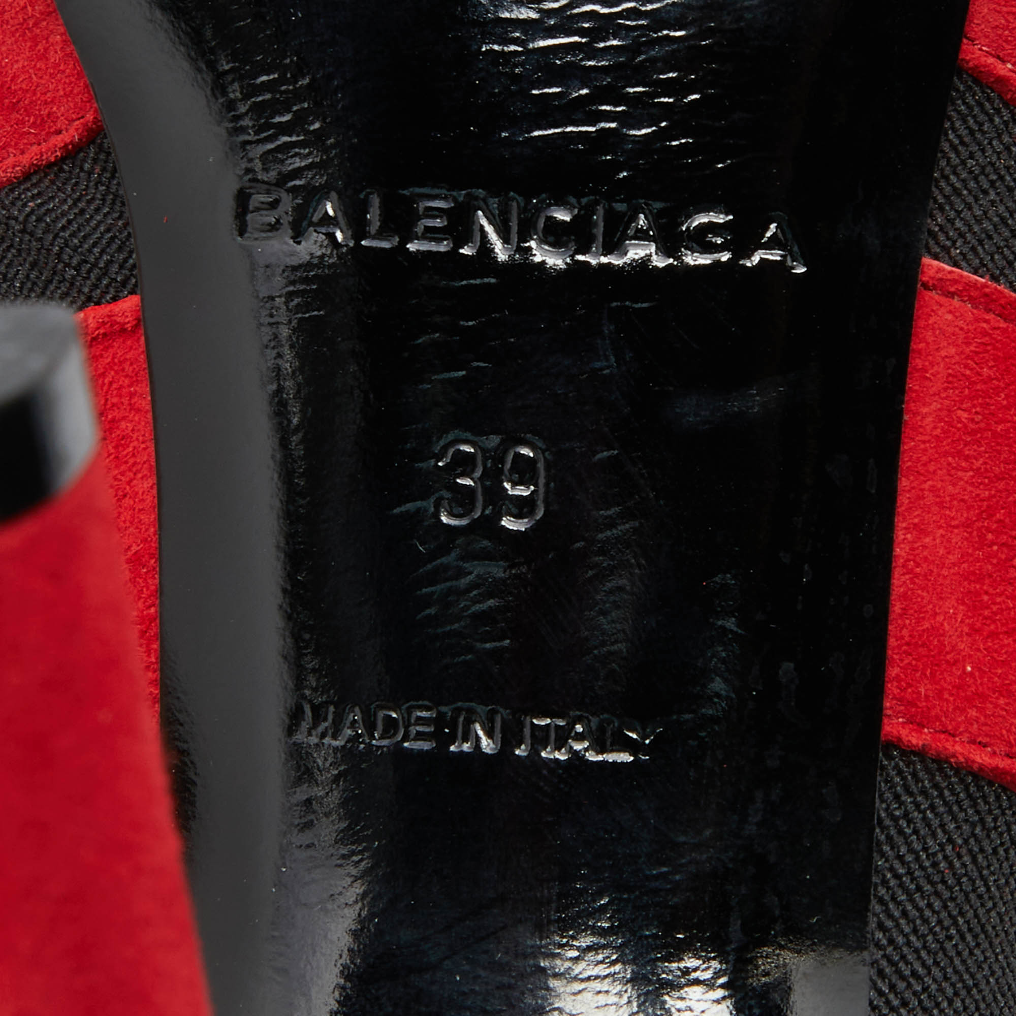Balenciaga Red/Black Suede And Stretch Fabric Open Toe Booties Size 39
