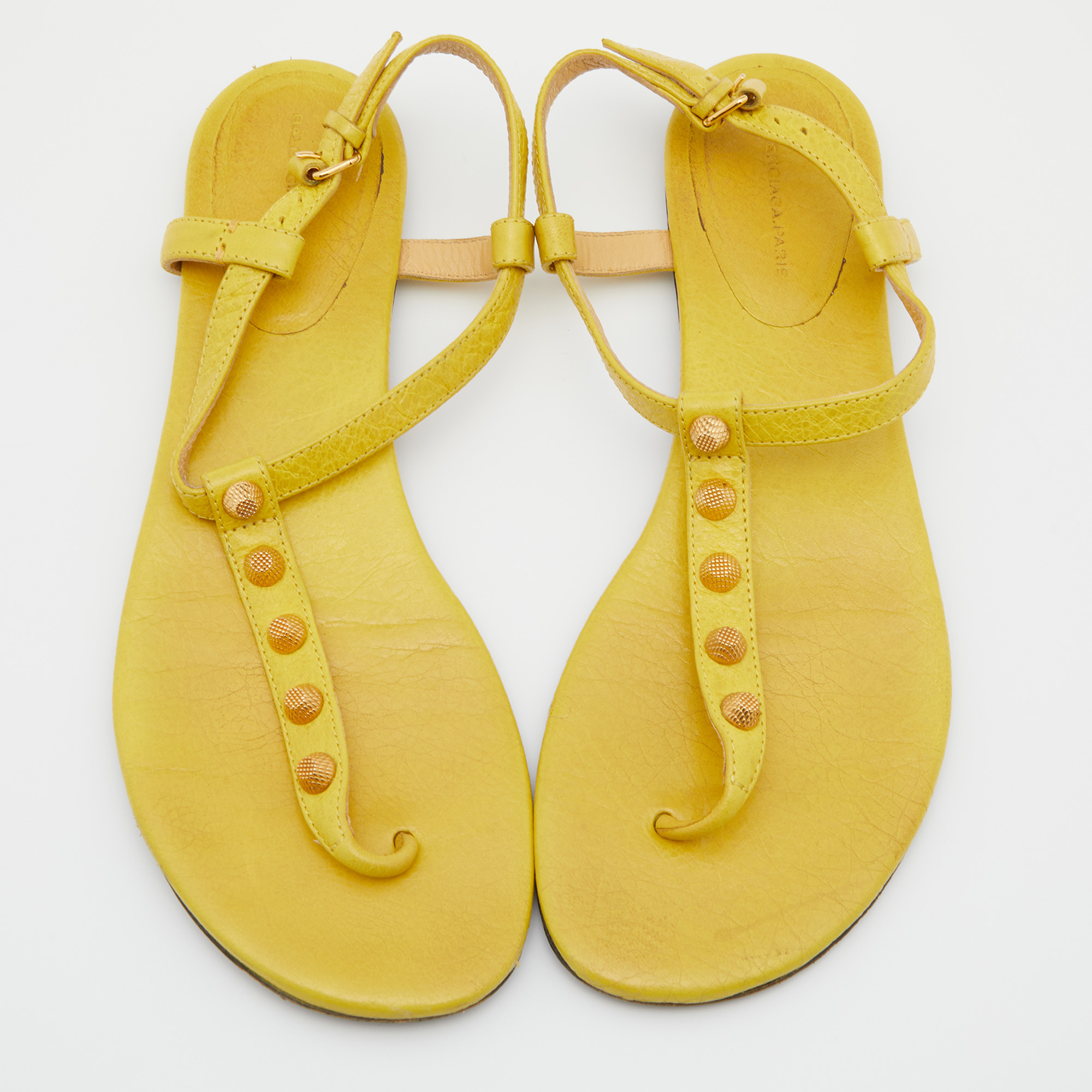 Balenciaga Yellow Leather Arena Studded Thong Sandals Size 40