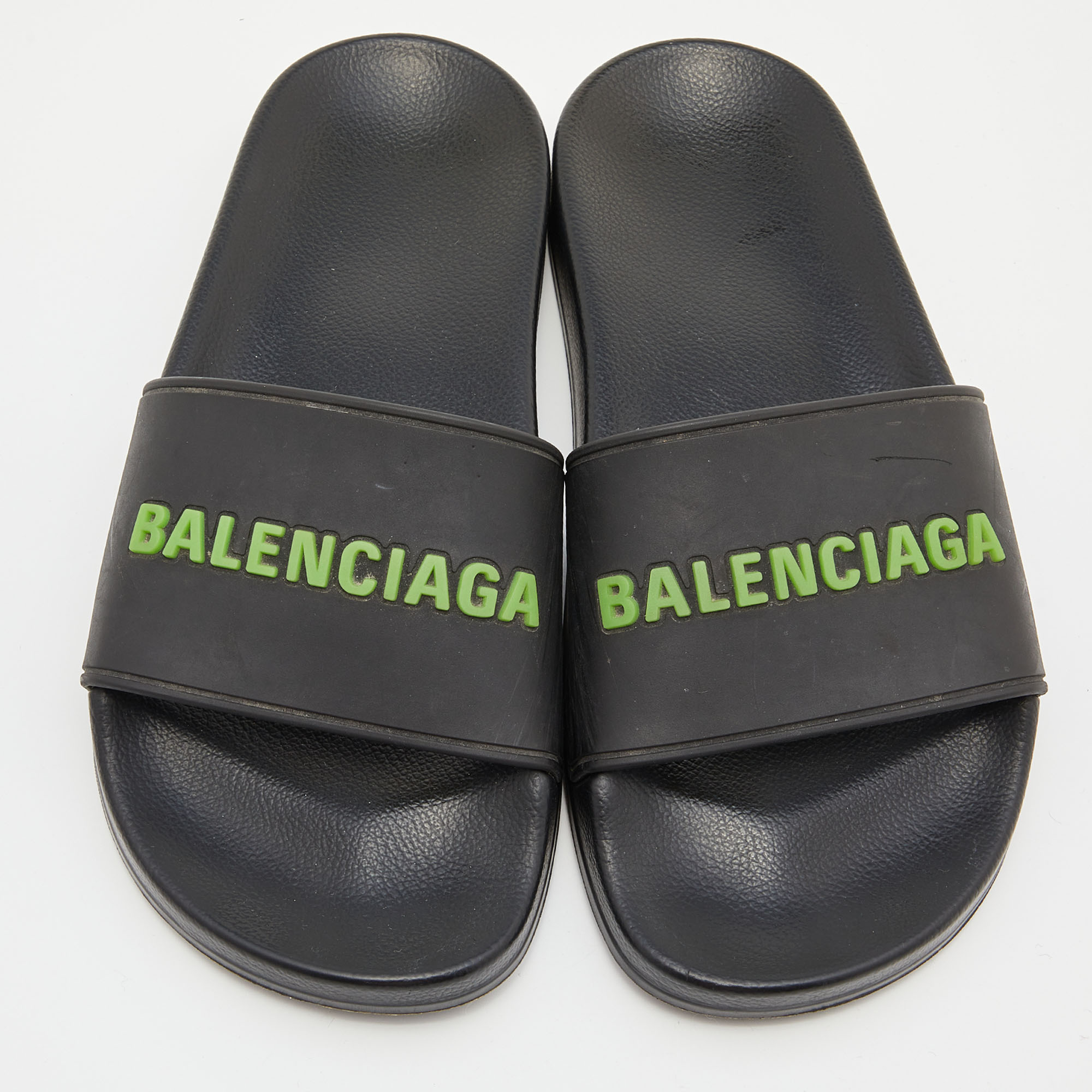 Balenciaga Black Rubber Logo Flat Slides Size 35