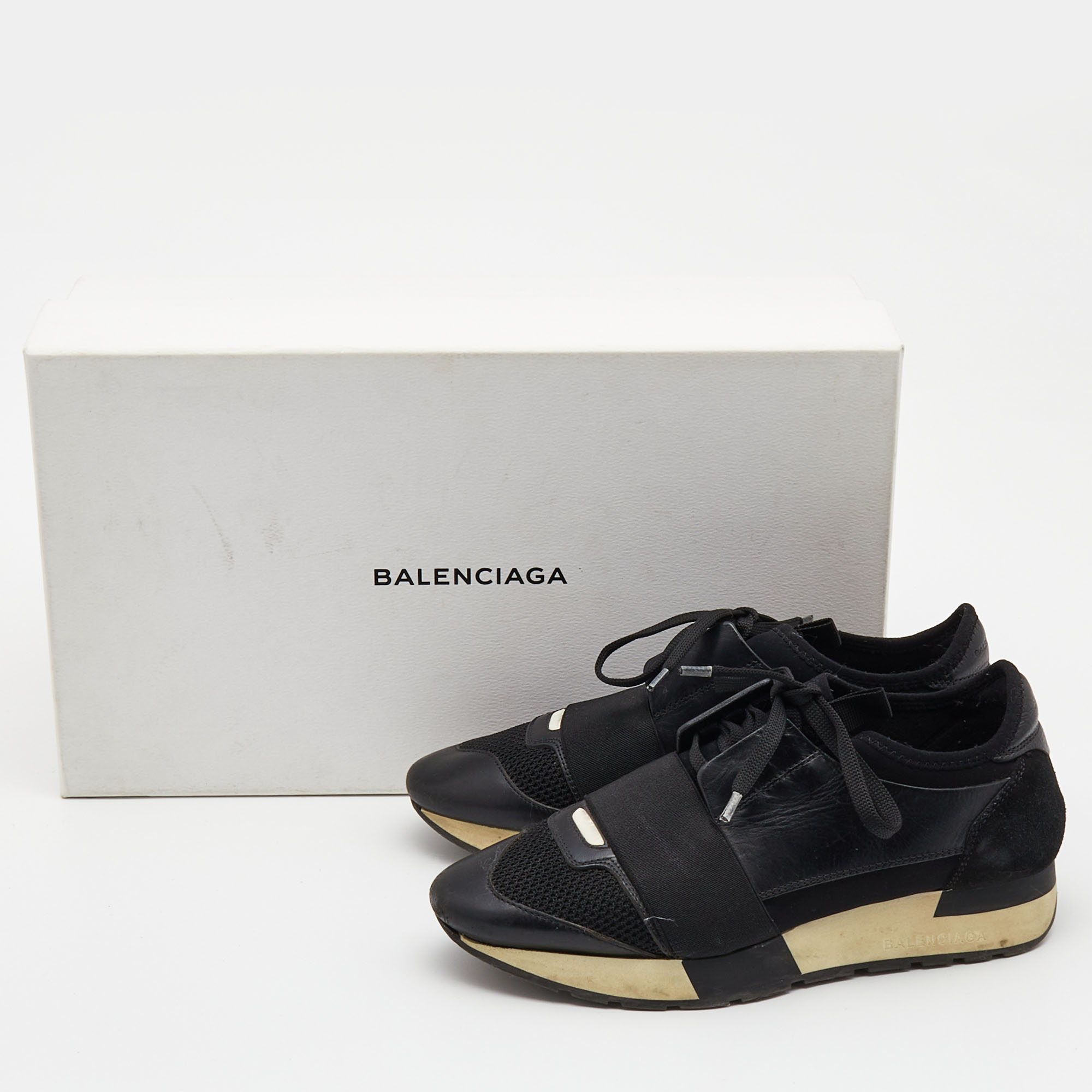 Balenciaga Black Leather And Mesh Race Runner Low Top Sneakers Size 37