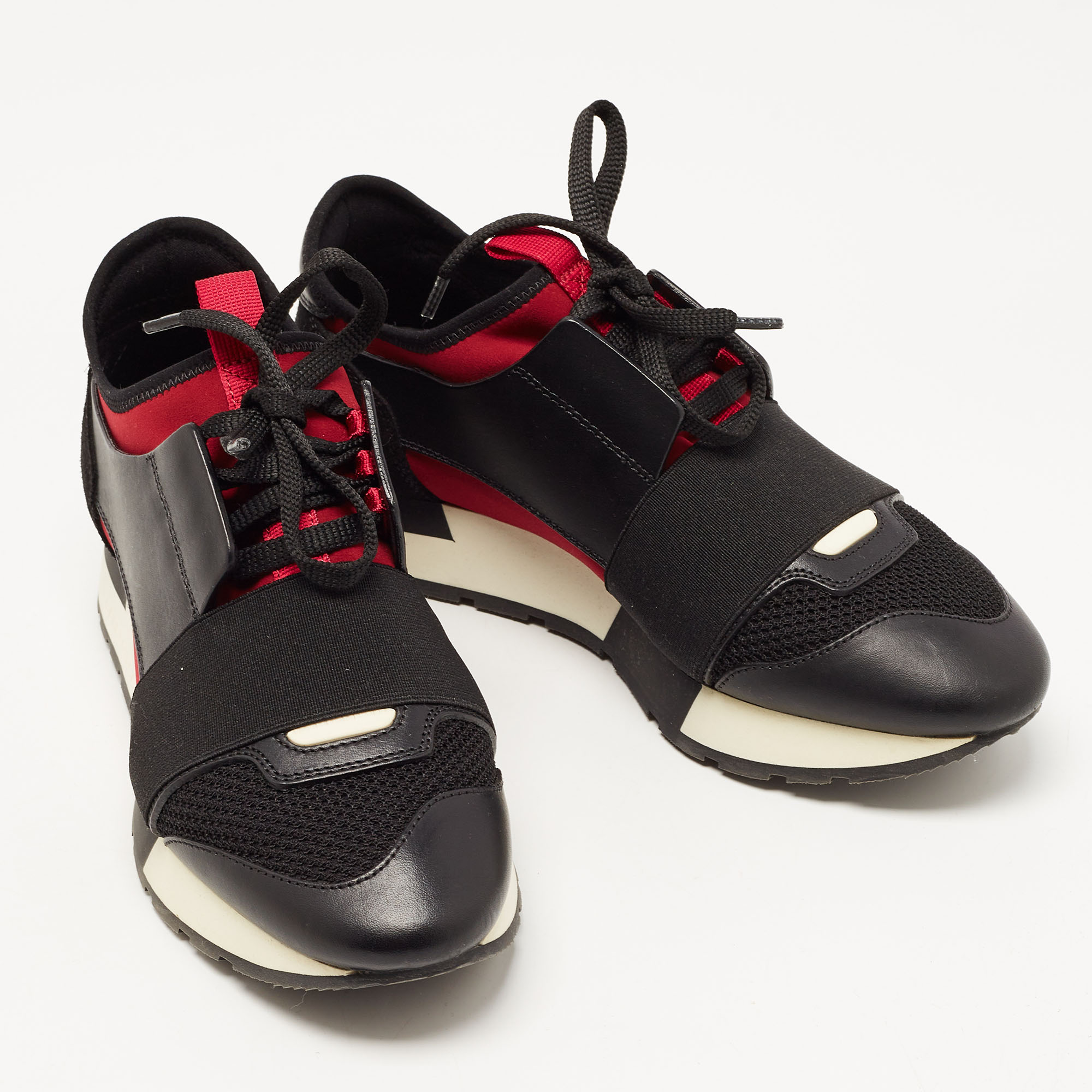 Balenciaga Black/Red Leather And Mesh Race Runner Sneakers Size 36