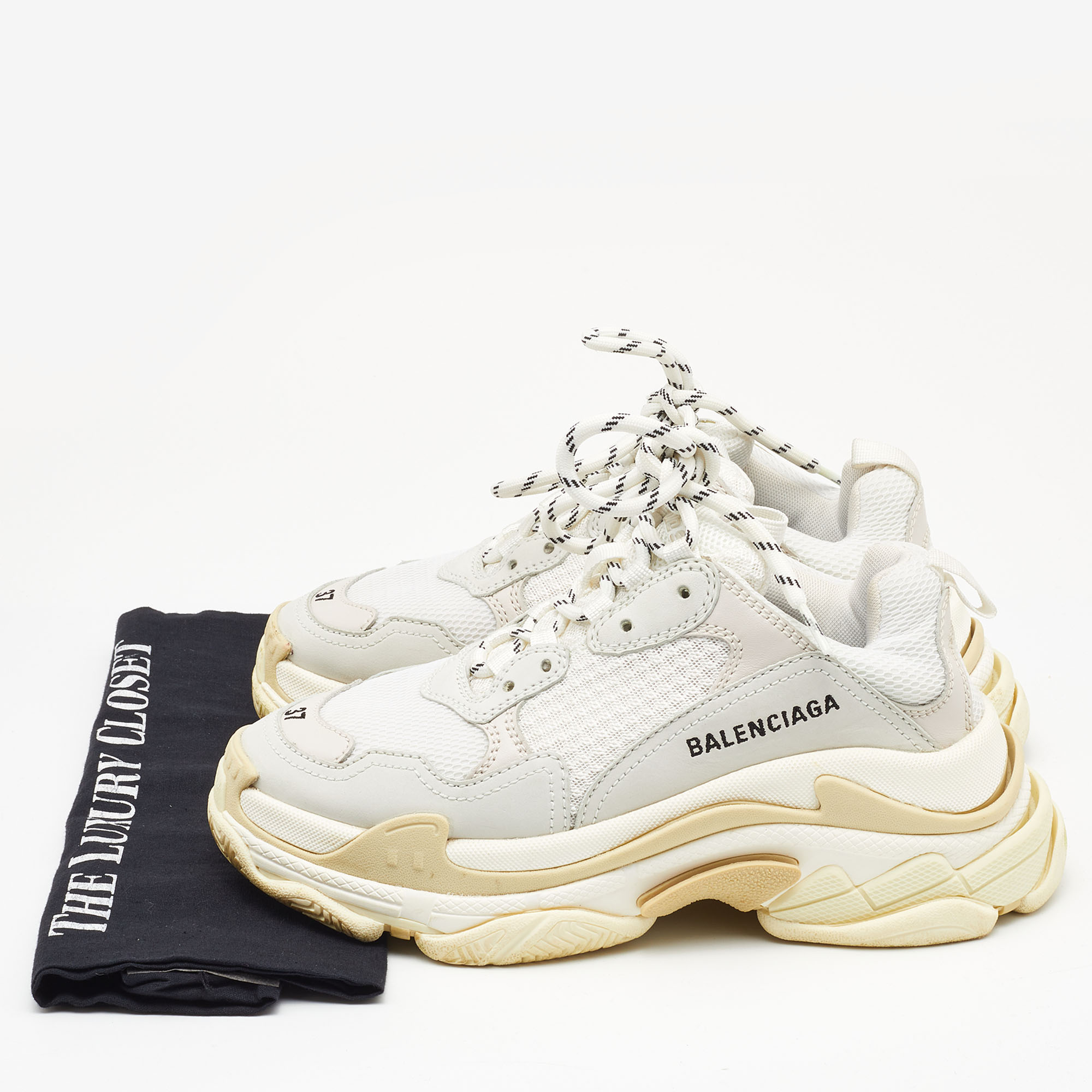 Balenciaga Grey/White Leather And Mesh Triple S Sneakers Size 37
