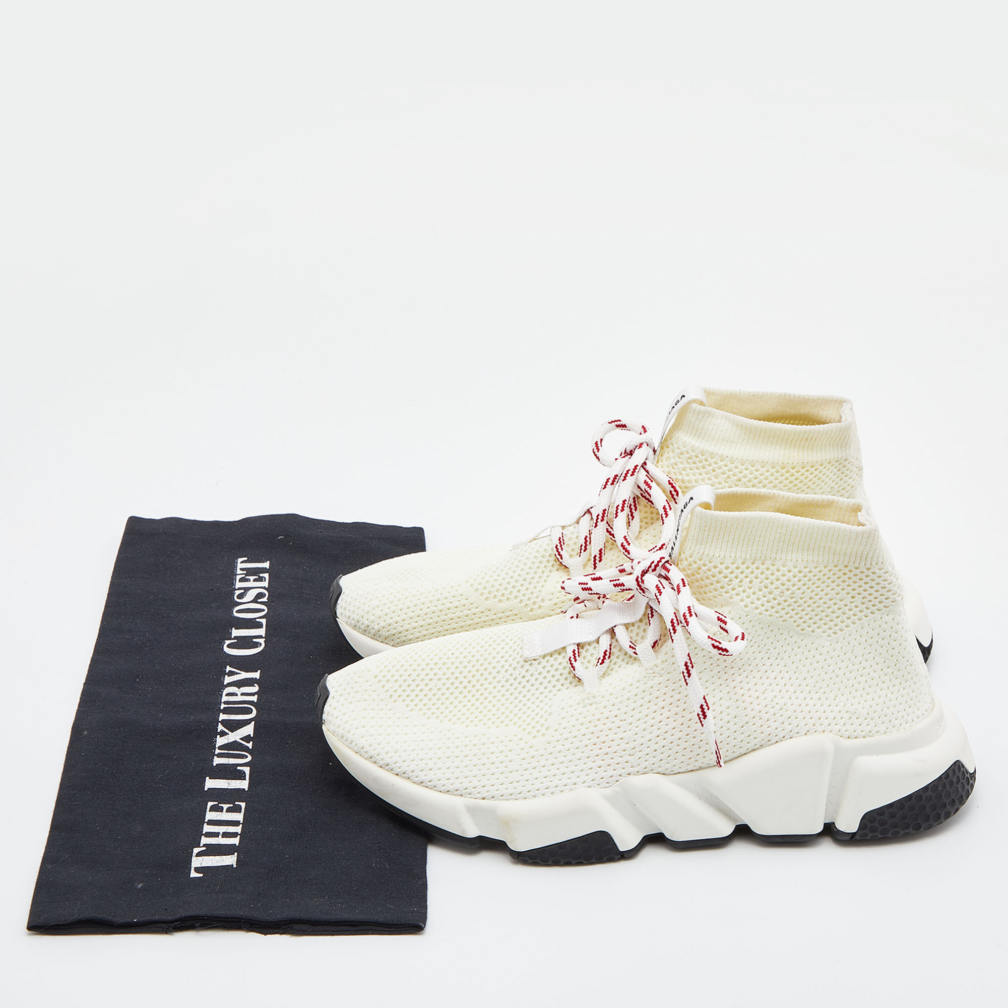 Balenciaga Off White Knit Fabric Speed Lace Up High Top Sneakers Size 38