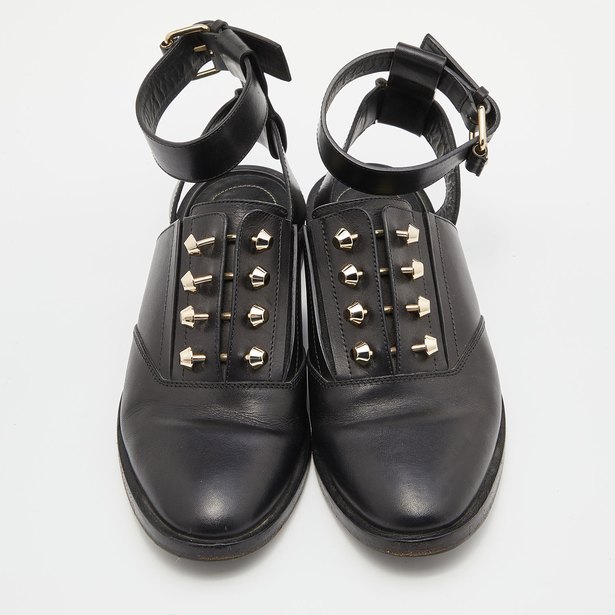 Balenciaga Black Leather Stud Ankle Strap Flat Mules Size 36