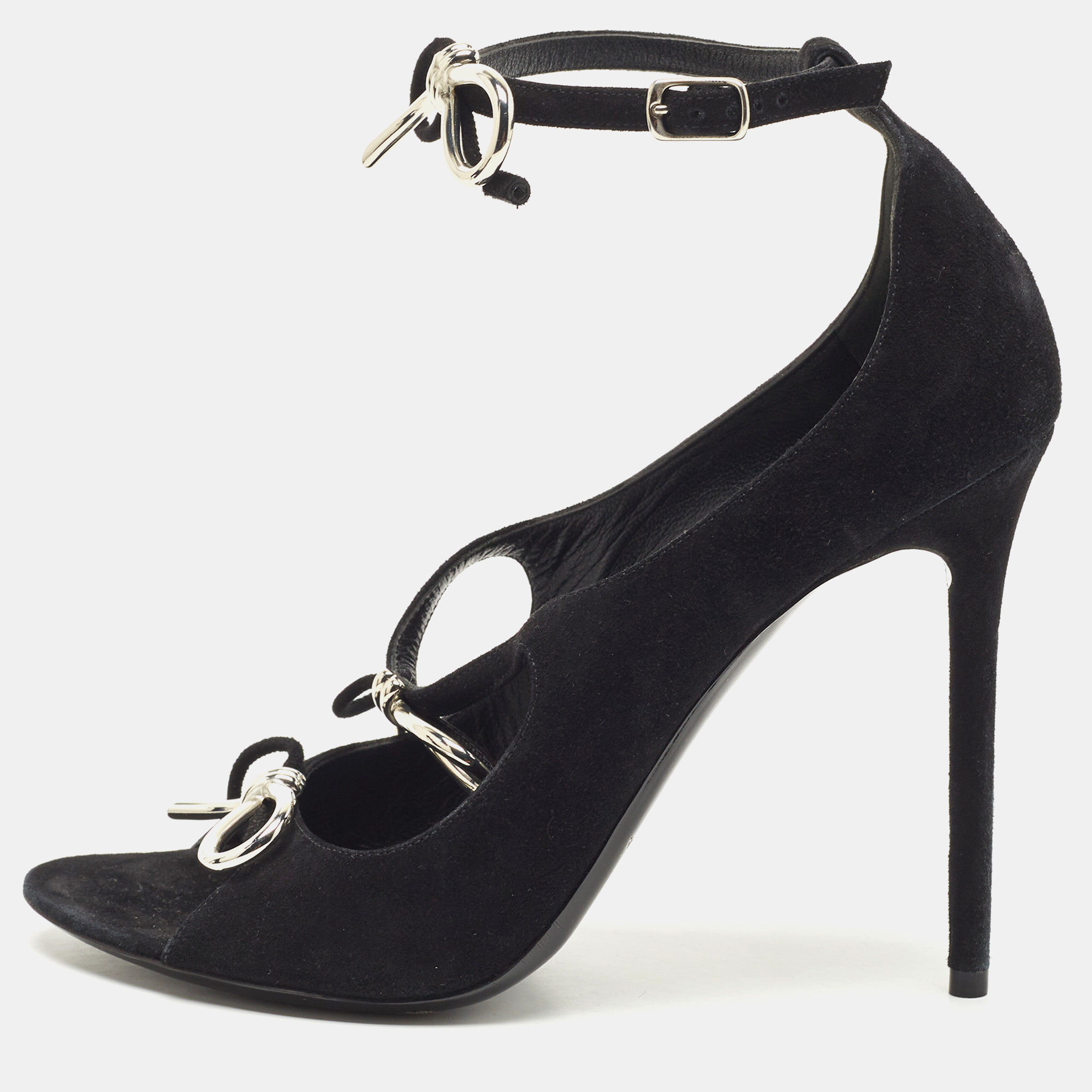 Balenciaga Black Suede Boucle Bow Open Toe Pumps Size 38.5