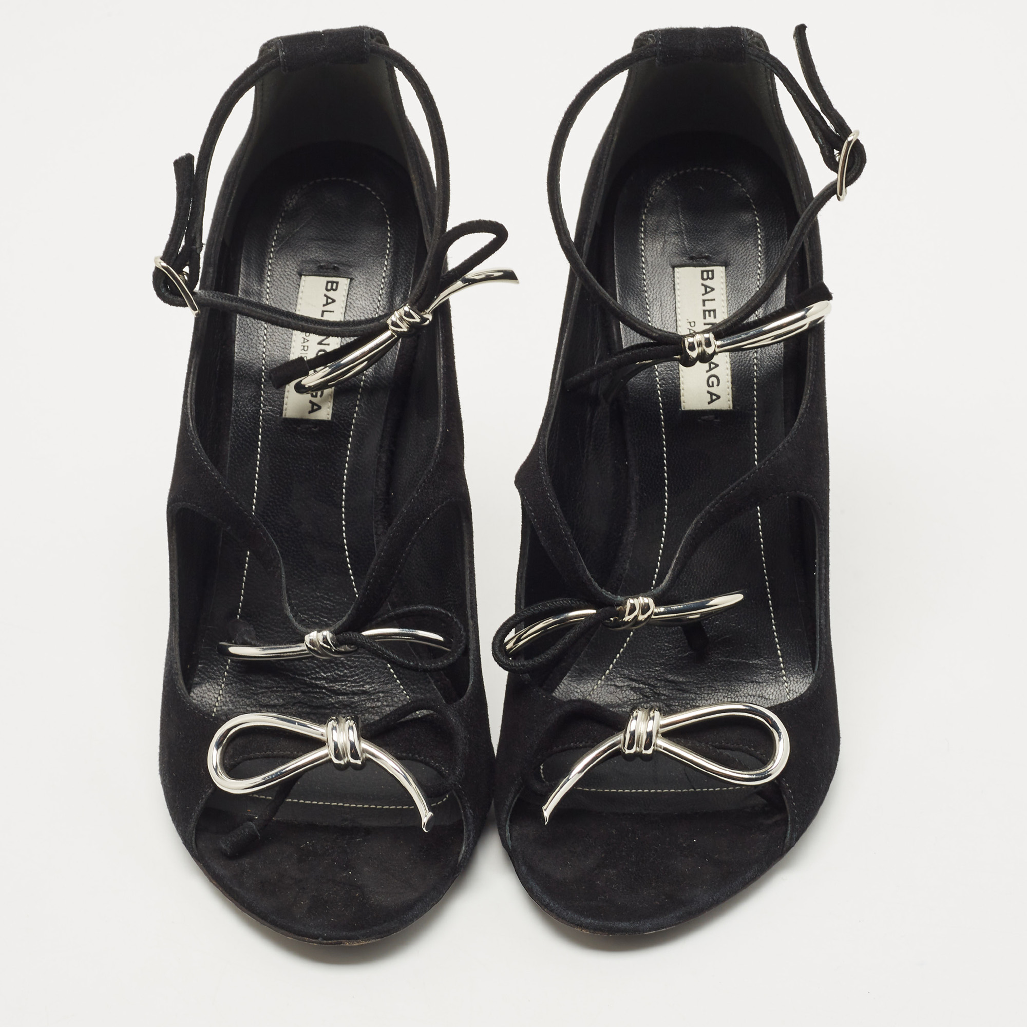 Balenciaga Black Suede Boucle Bow Open Toe Pumps Size 38.5