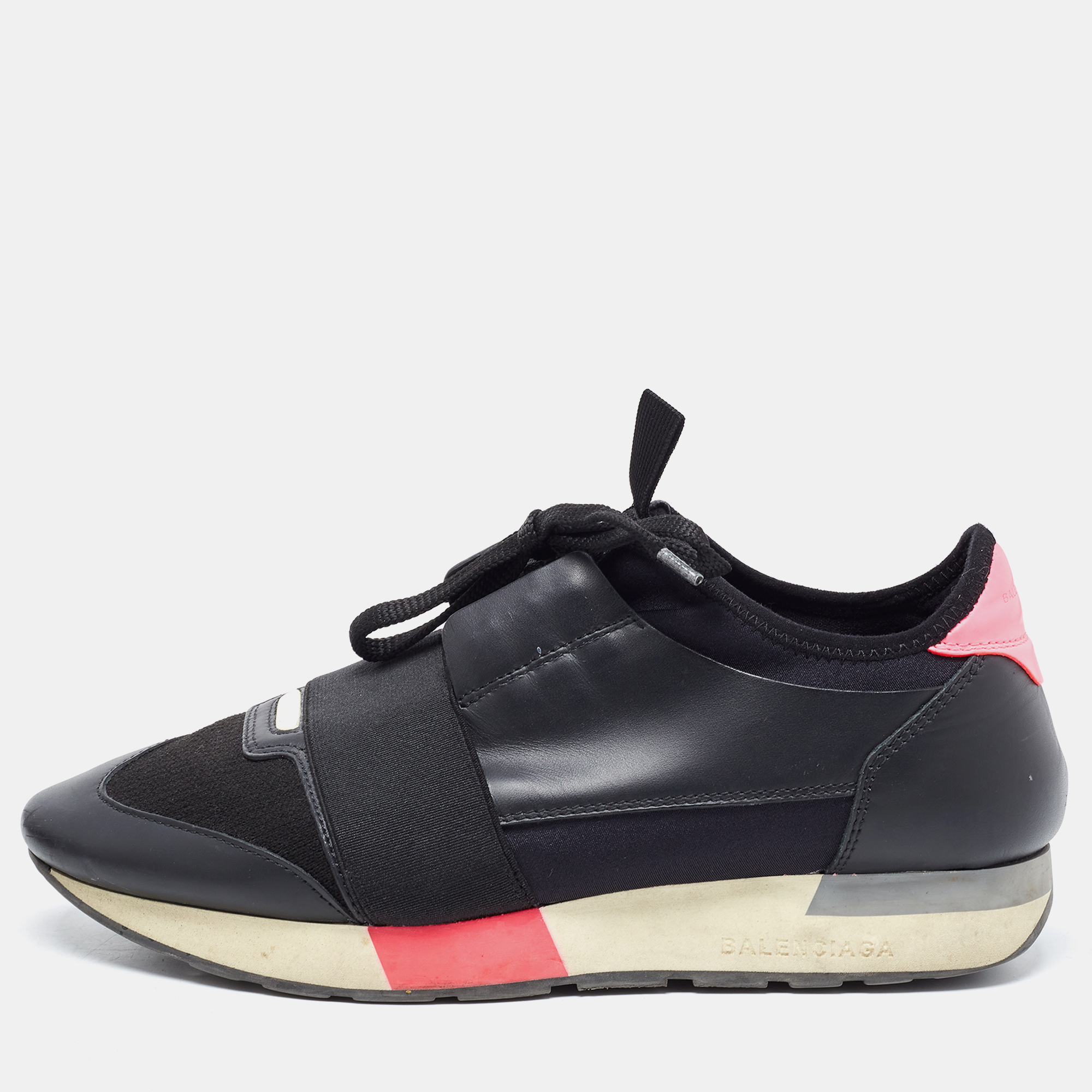 Balenciaga Black/Pink Leather And Fabric Race Runner Sneakers Size 39