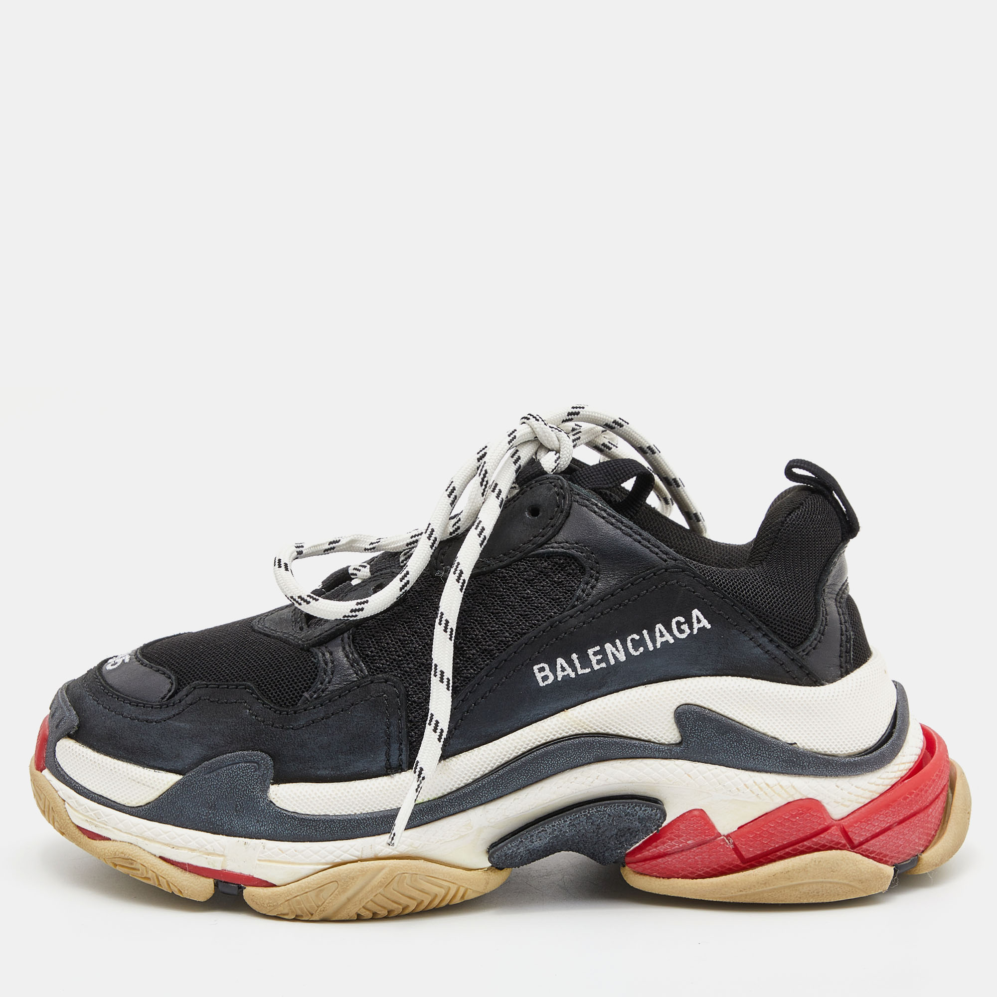 Balenciaga Black Leather And Mesh Triple S Sneakers Size 35