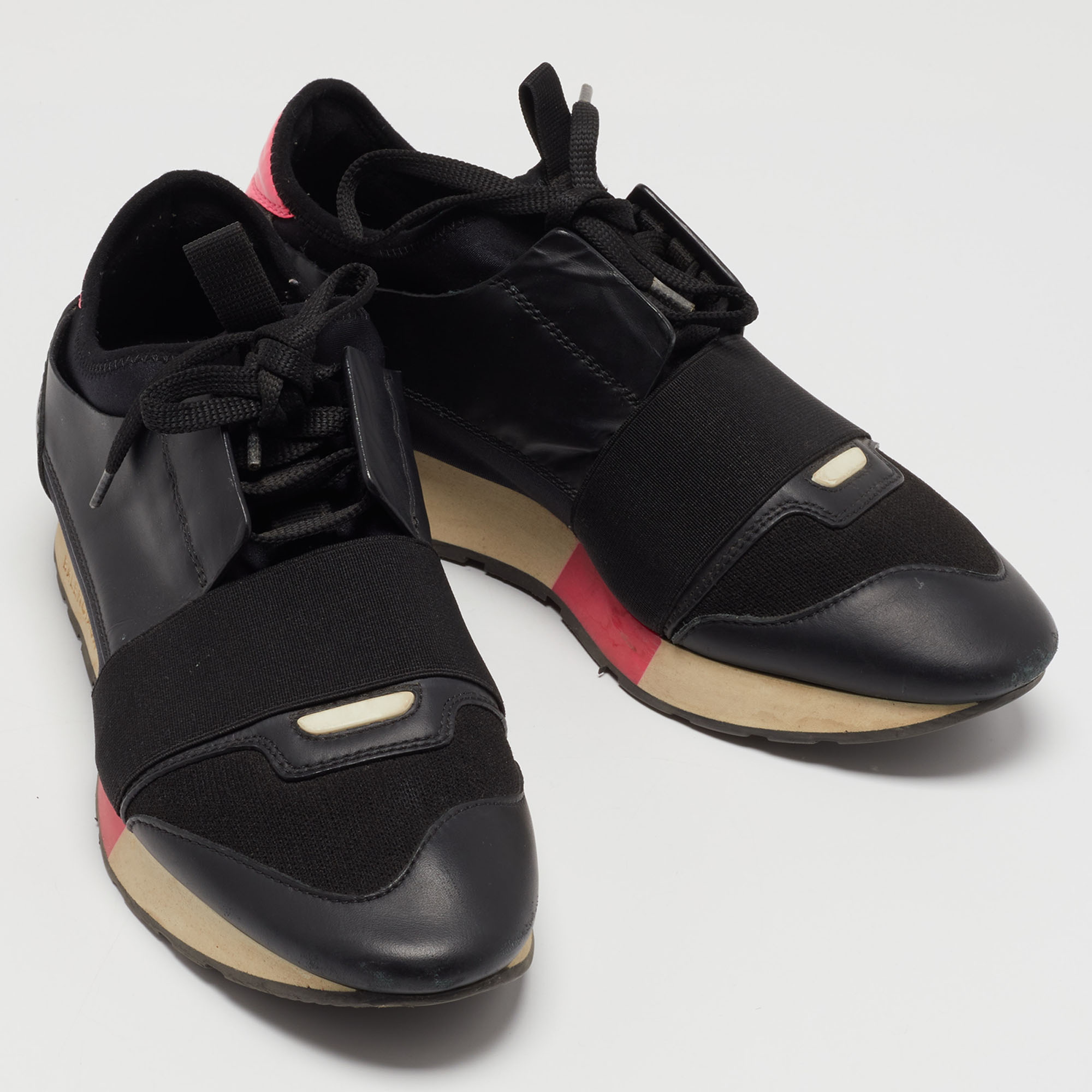 Balenciaga Black/Pink Leather And Fabric Race Runner Sneakers Size 38