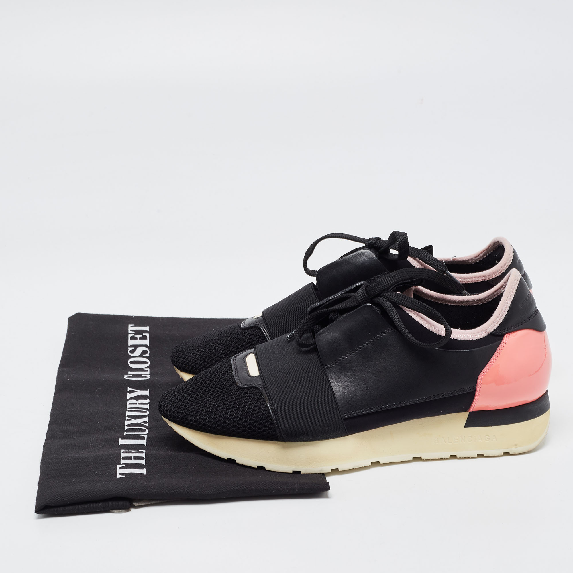 Balenciaga Black/Pink Leather And Mesh Race Runner Sneakers Size 37