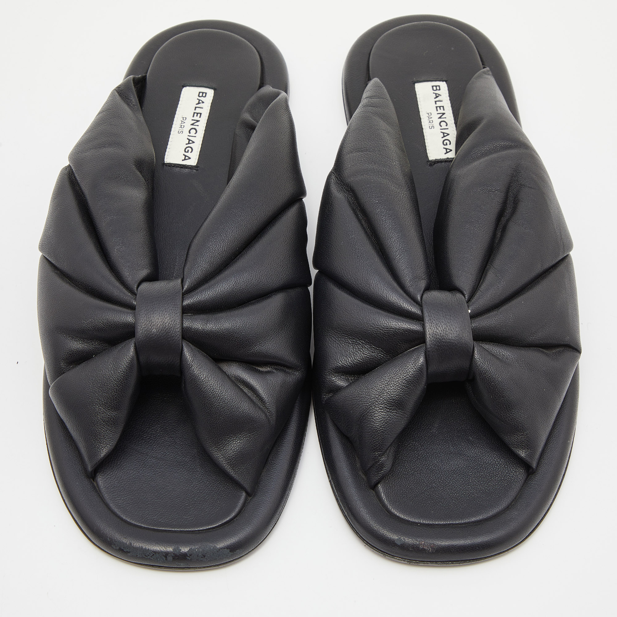 Balenciaga Black Leather Drapy Flats Slides Size 37
