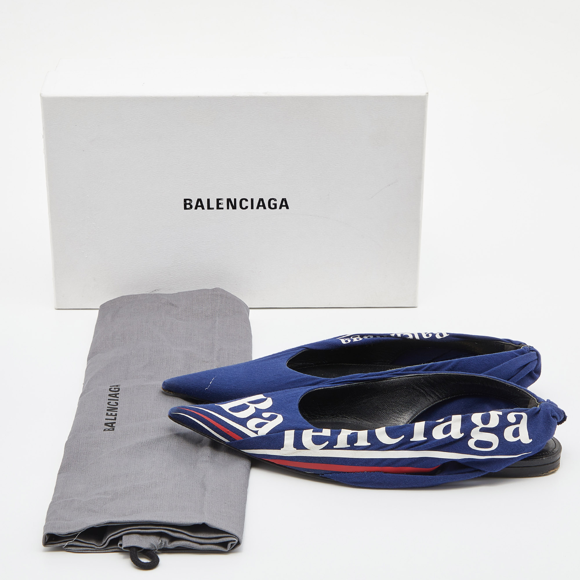 Balenciaga Blue Print Fabric Knife Pointed Toe Slingback Flat Sandals Size 37