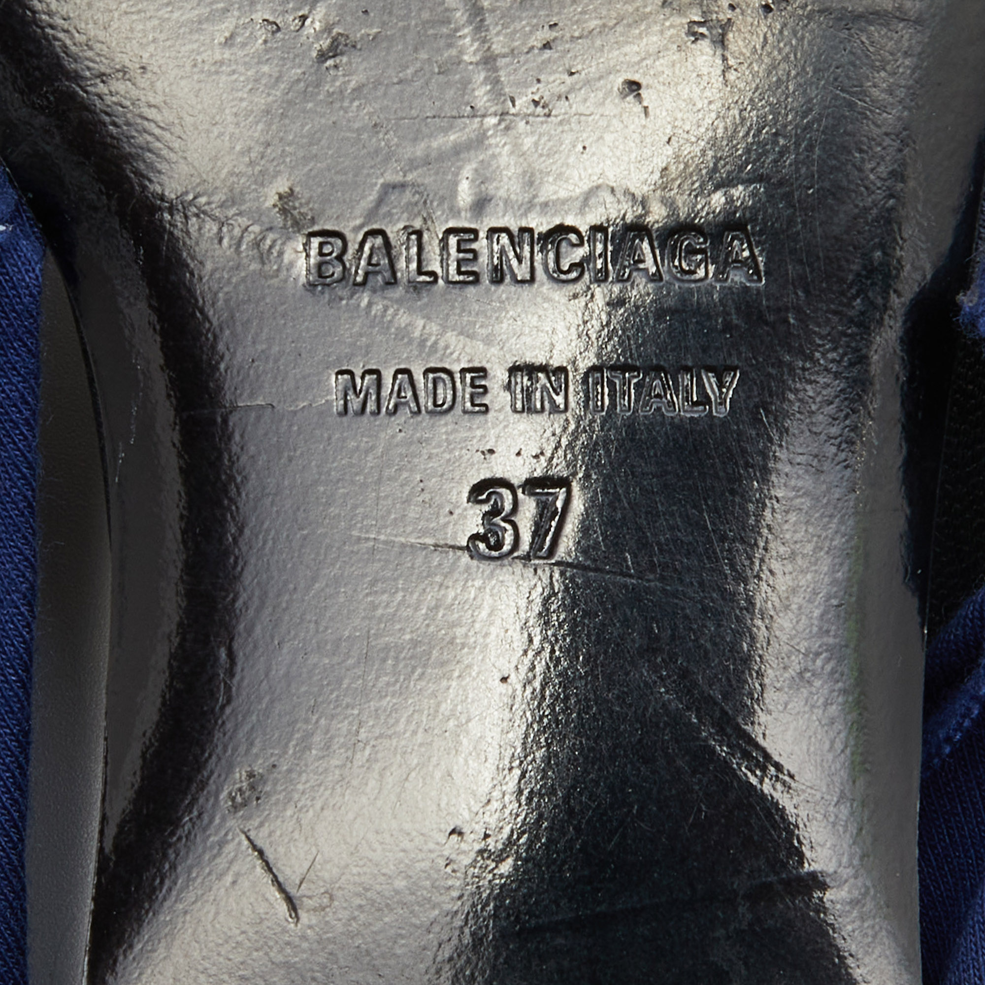 Balenciaga Blue Print Fabric Knife Pointed Toe Slingback Flat Sandals Size 37