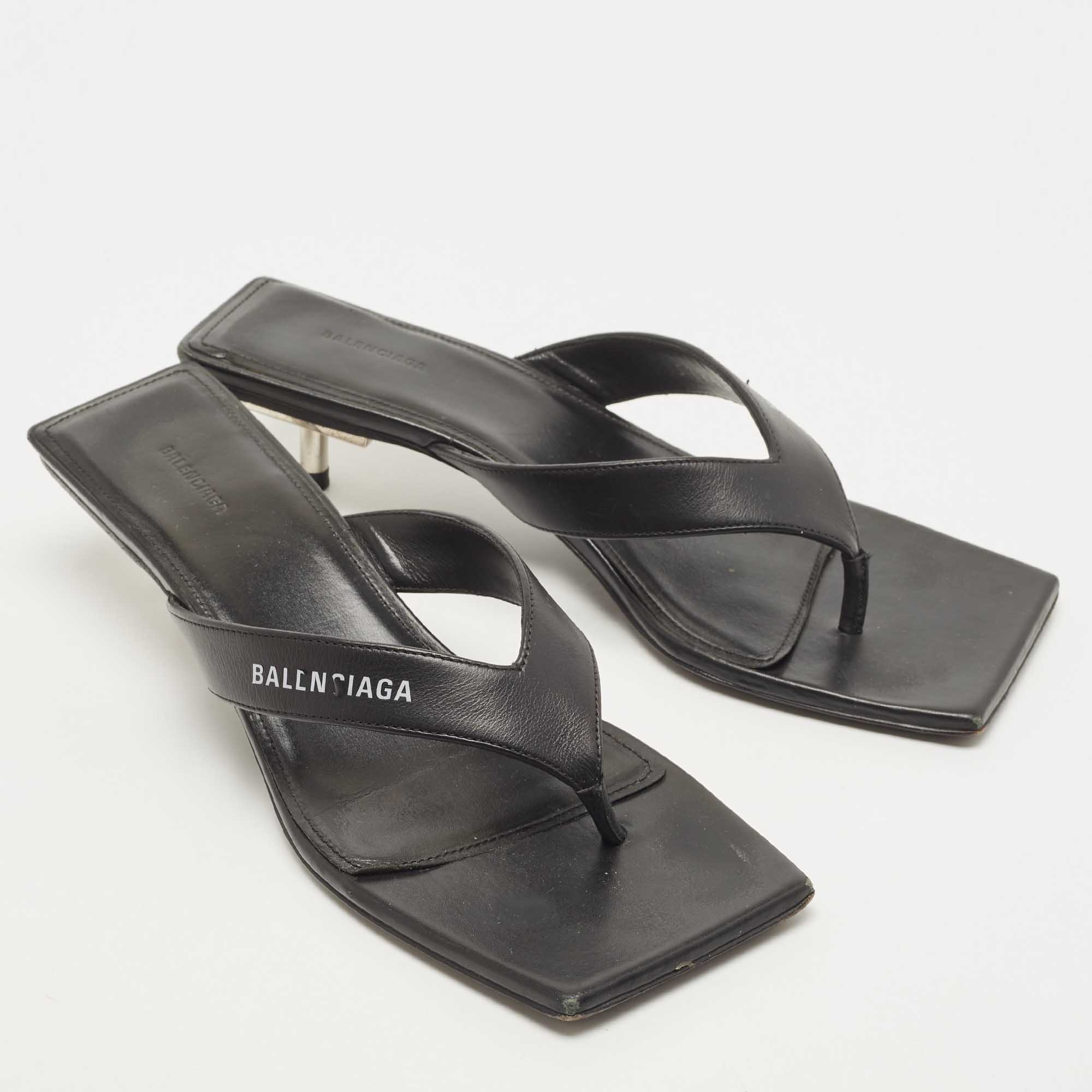 Balenciaga Black Leather Square Toe Thong Slide Sandals Size 37