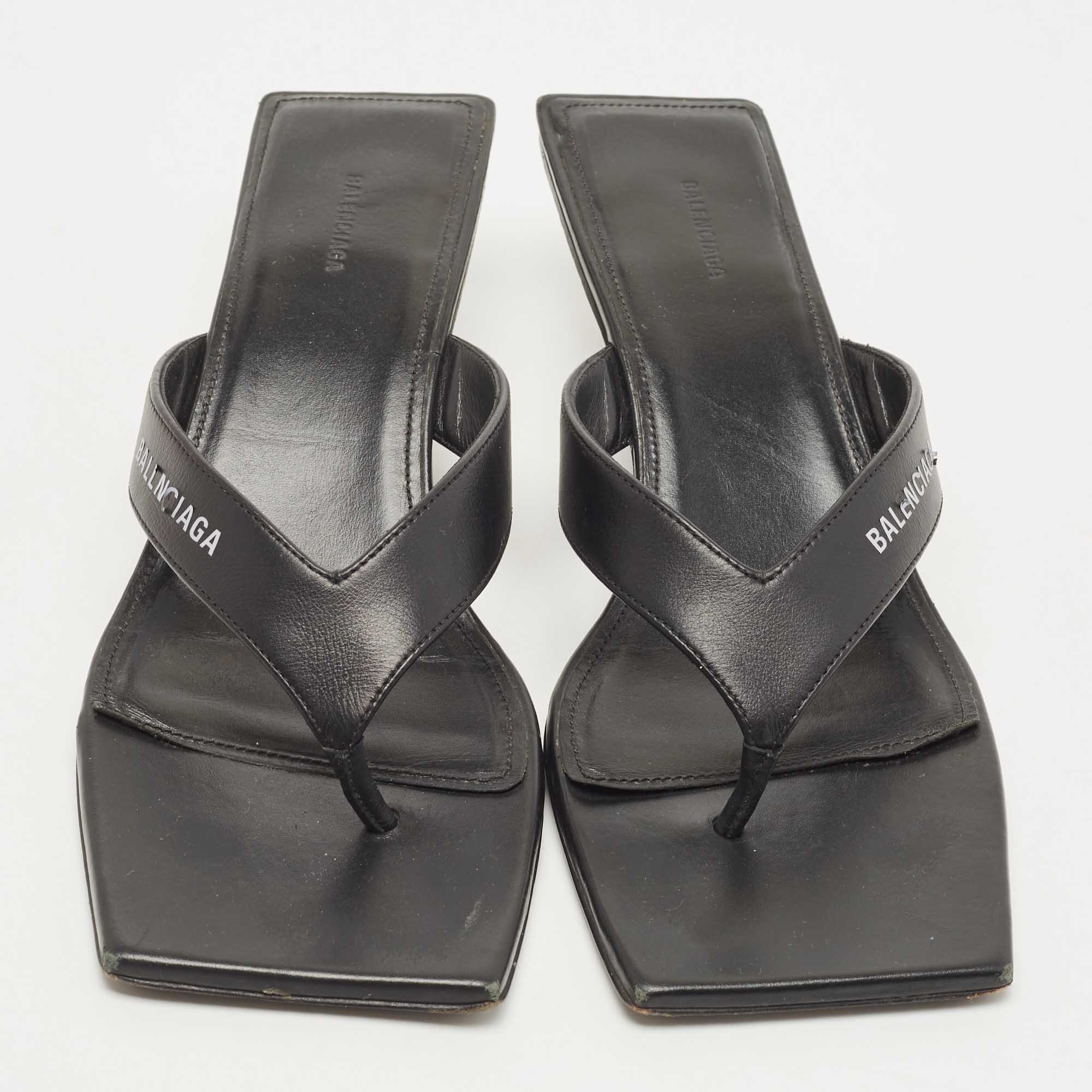 Balenciaga Black Leather Square Toe Thong Slide Sandals Size 37