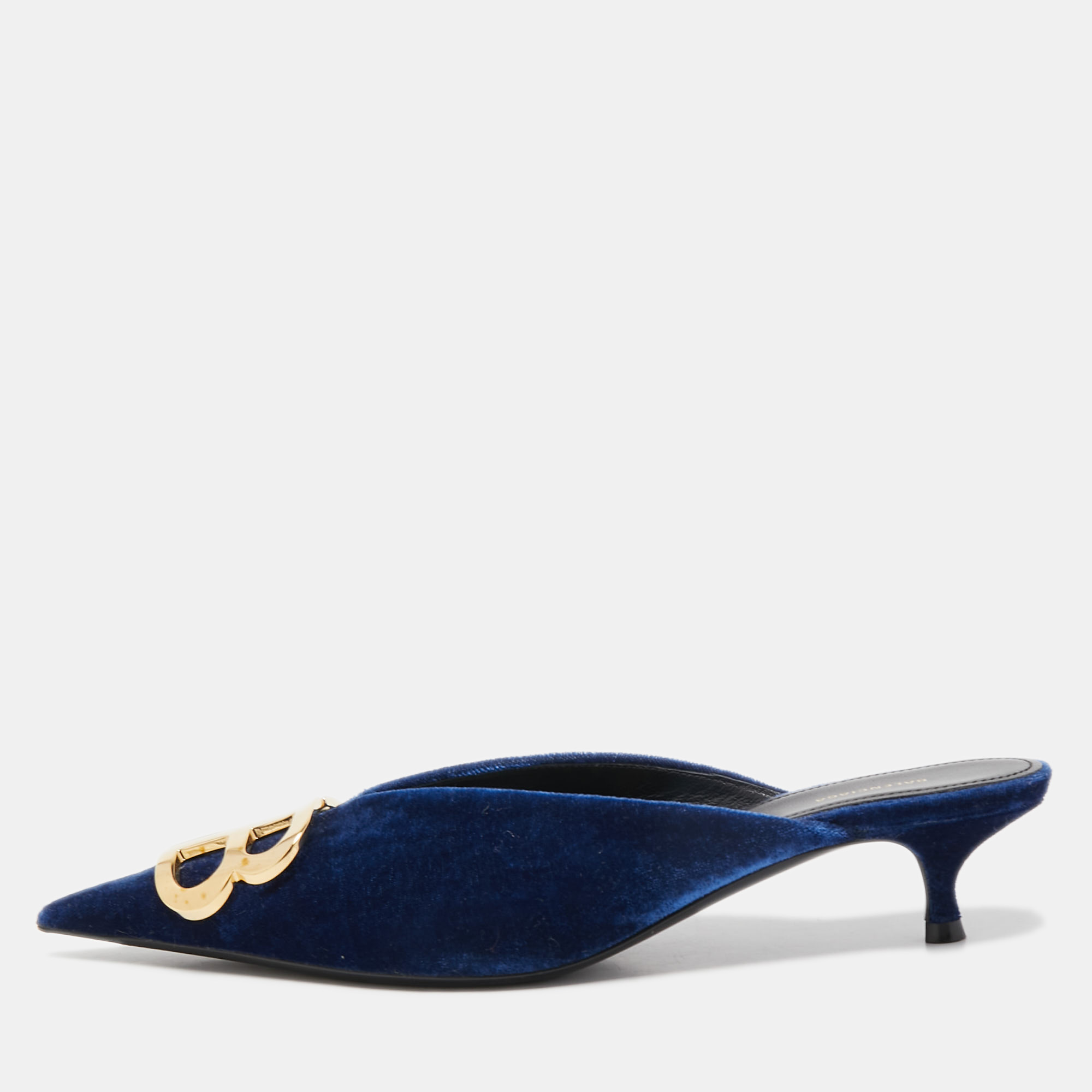 Balenciaga Blue Velvet BB Logo Pointed Toe Mules Size 37