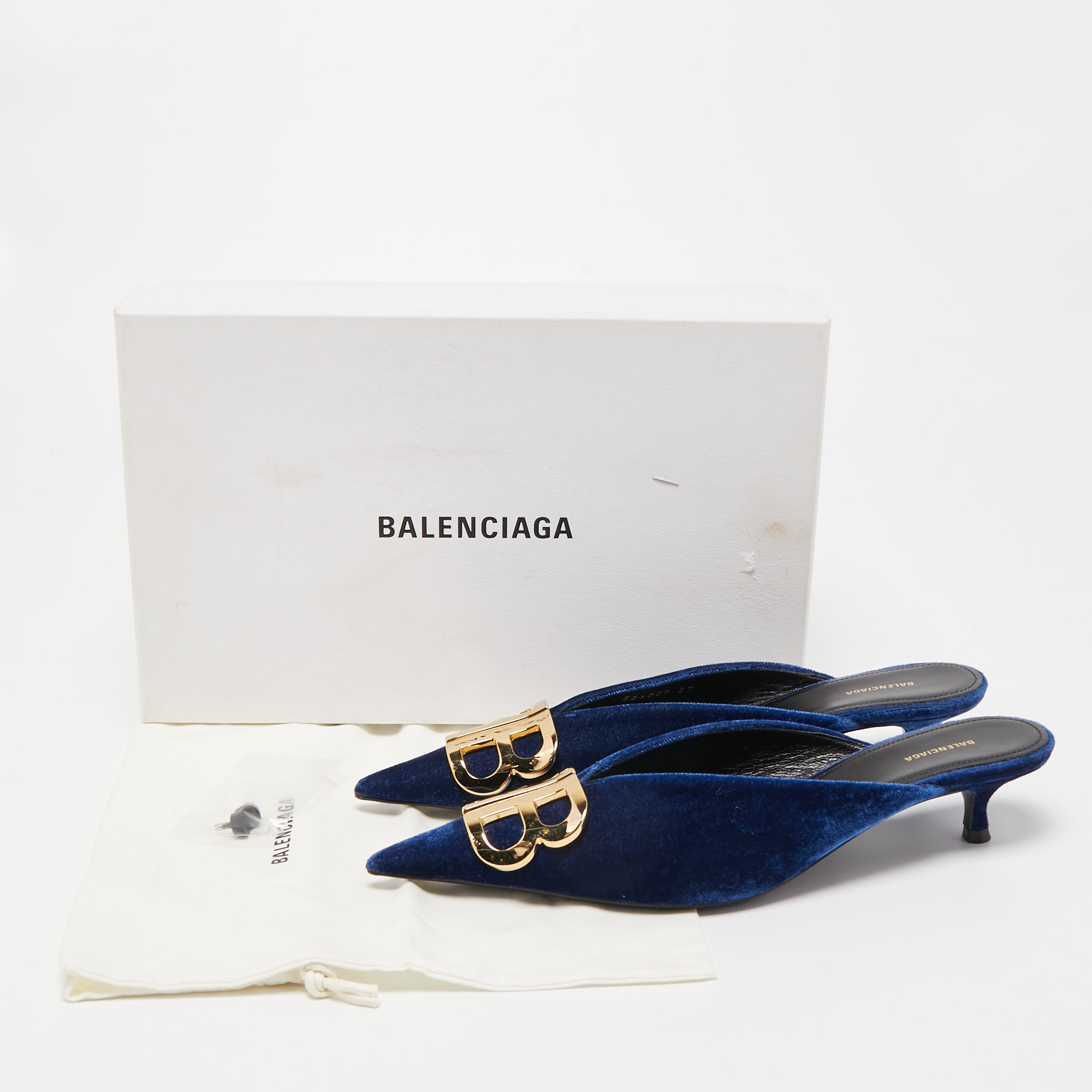 Balenciaga Blue Velvet BB Logo Pointed Toe Mules Size 37