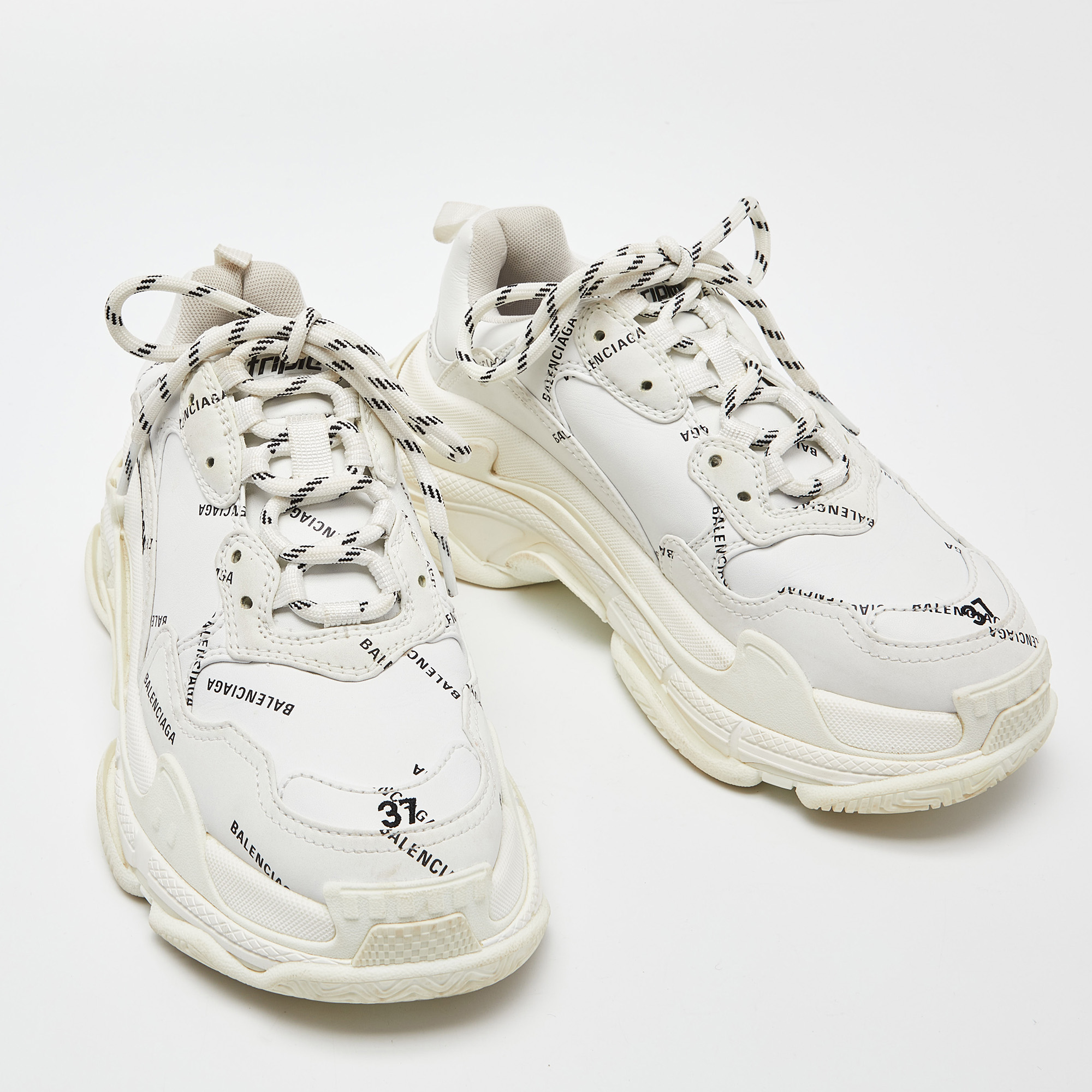Balenciaga White Leather All-Over Logo Triple S Sneaker Size 37