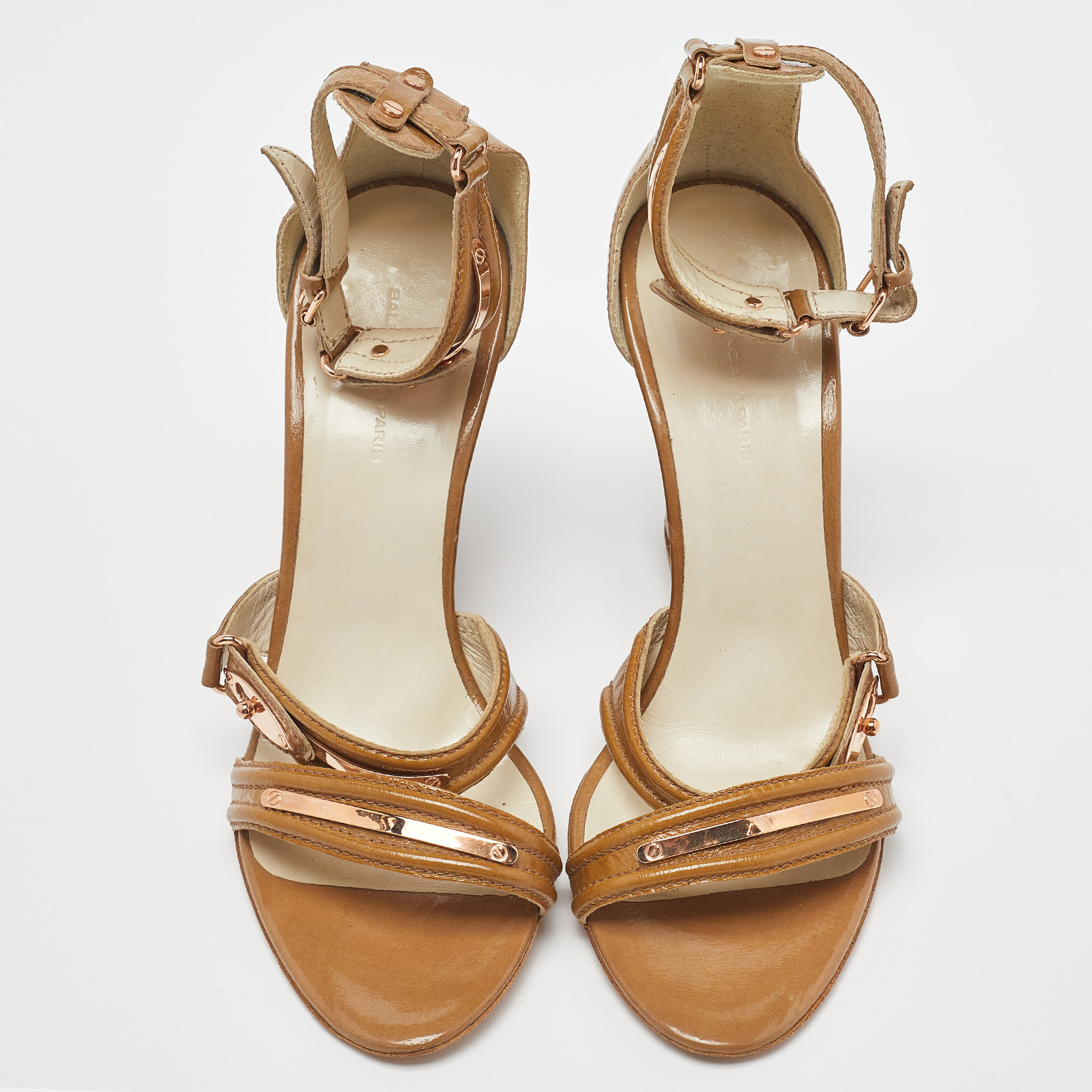 Balenciaga Beige Patent Leather Wedge Ankle Strap Sandals Size 41