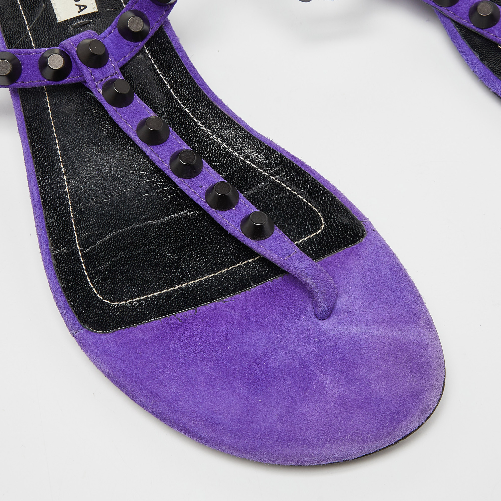 Balenciaga Purple Suede Arena Studded Thong Sandals Size 38.5