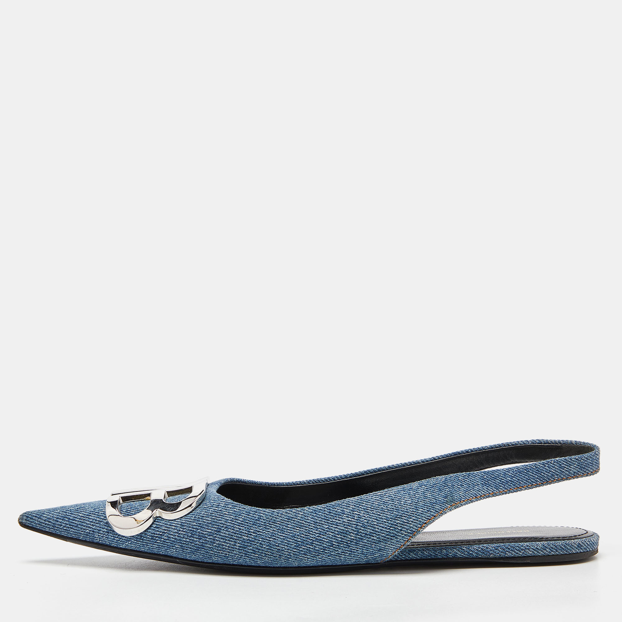 Balenciaga Blue Denim BB Knife Slingback Flat Sandals Size 35.5