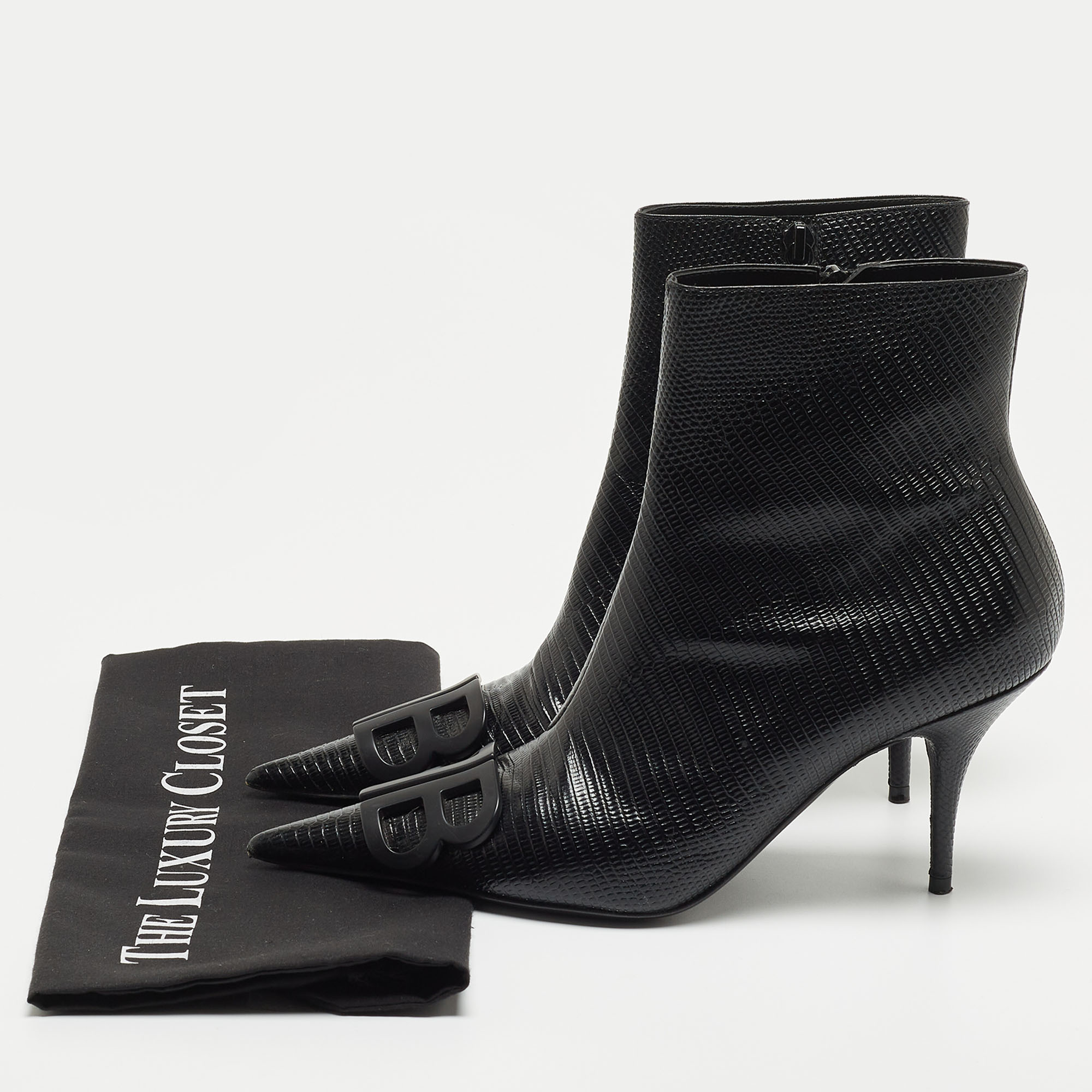 Balenciaga Black Lizard Embossed Leather Ankle Boots Size 38