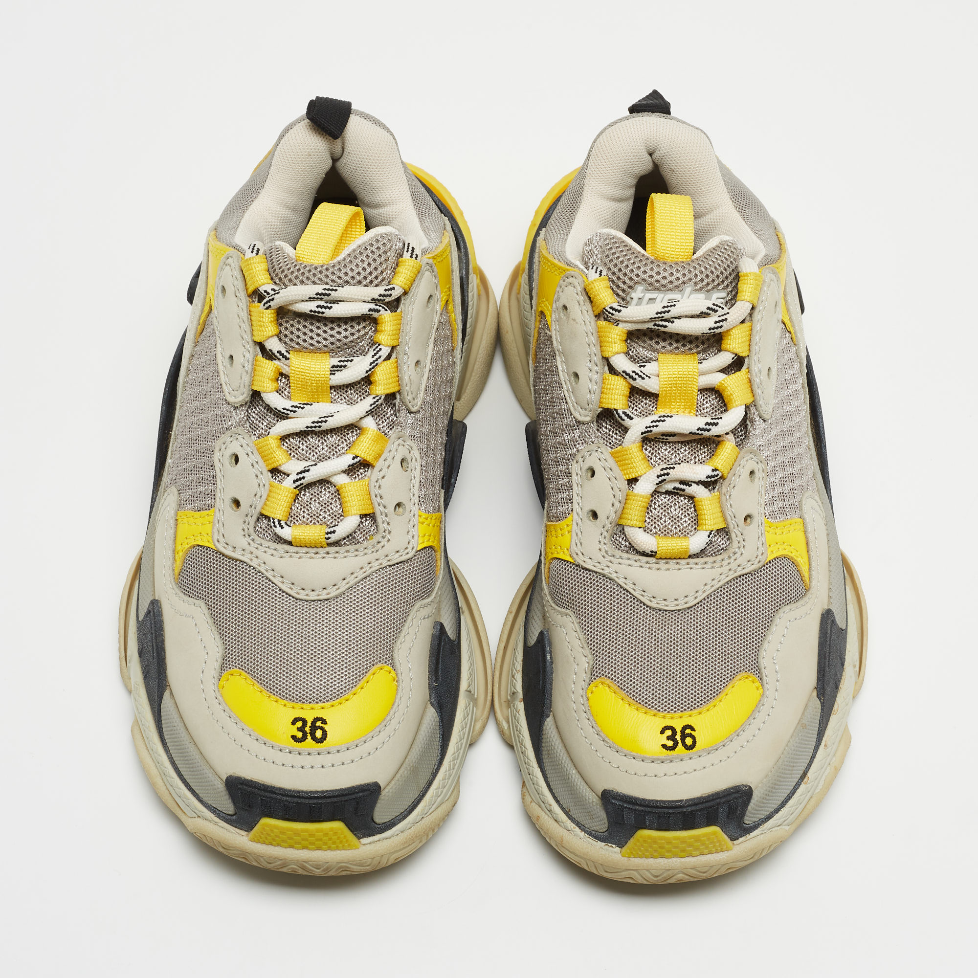 Balenciaga Grey/Yellow Leather And Mesh Triple S Sneakers Size 36
