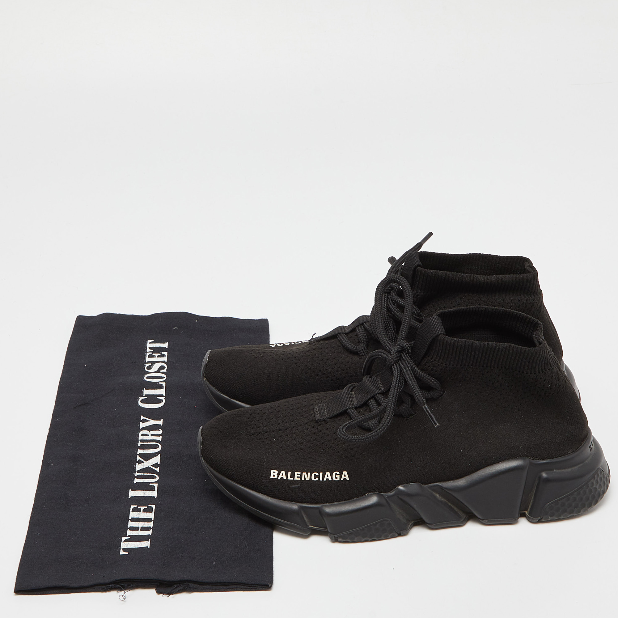 Balenciaga Black Knit Fabric Speed Trainer Lace Up Sneakers Size 37