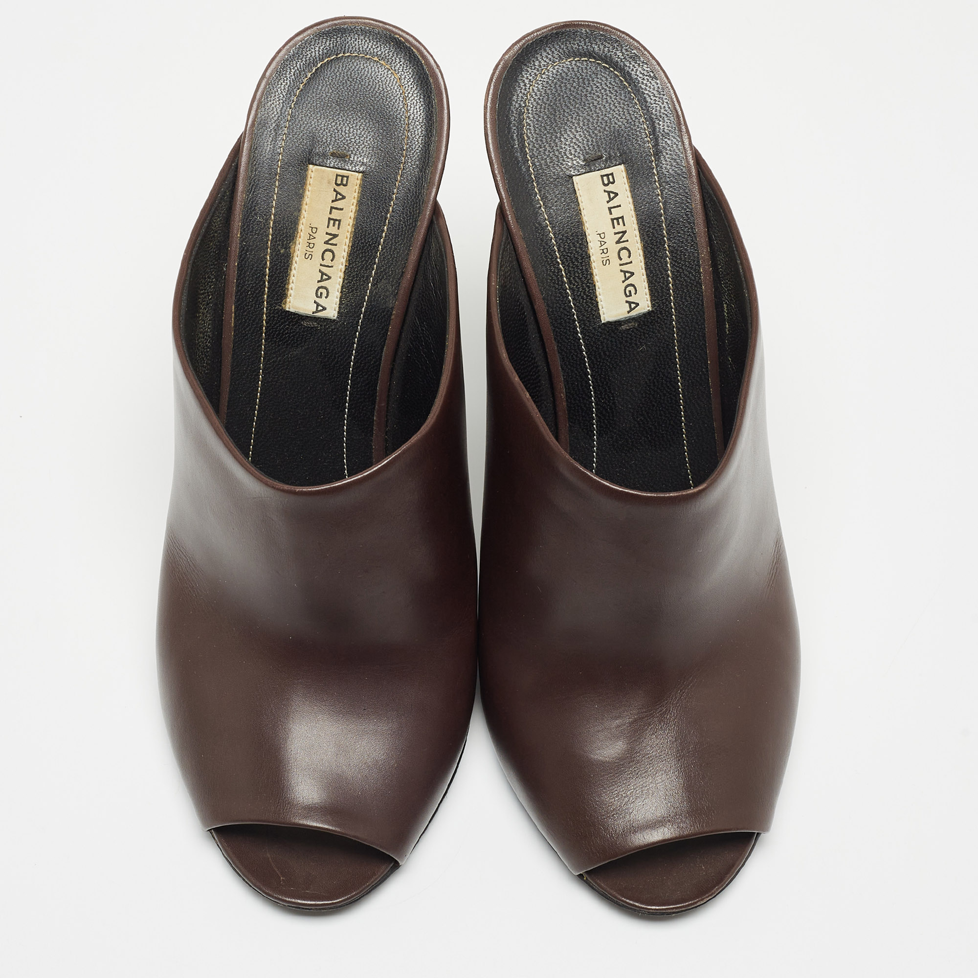 Balenciaga Brown Leather Peep Toe Mules Size 38.5