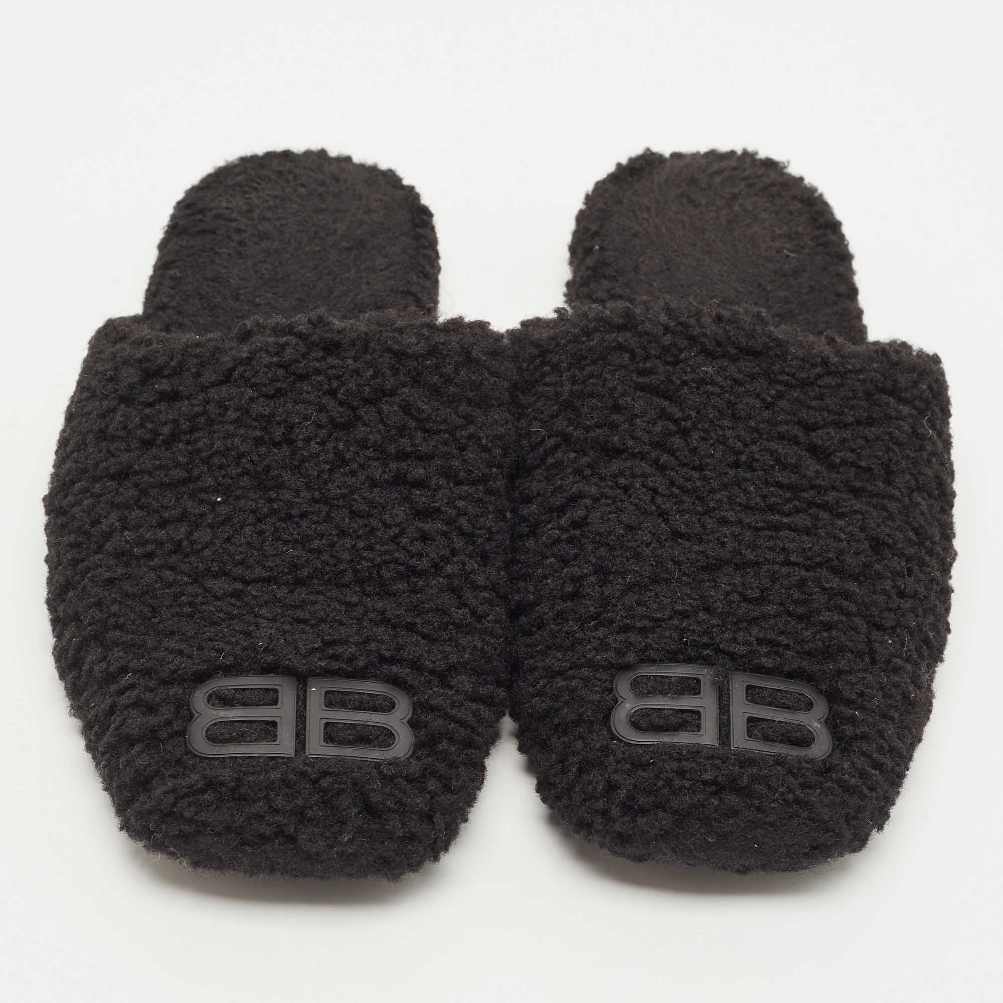 Balenciaga Black Shearling Fur BB Flat Mules Size 39
