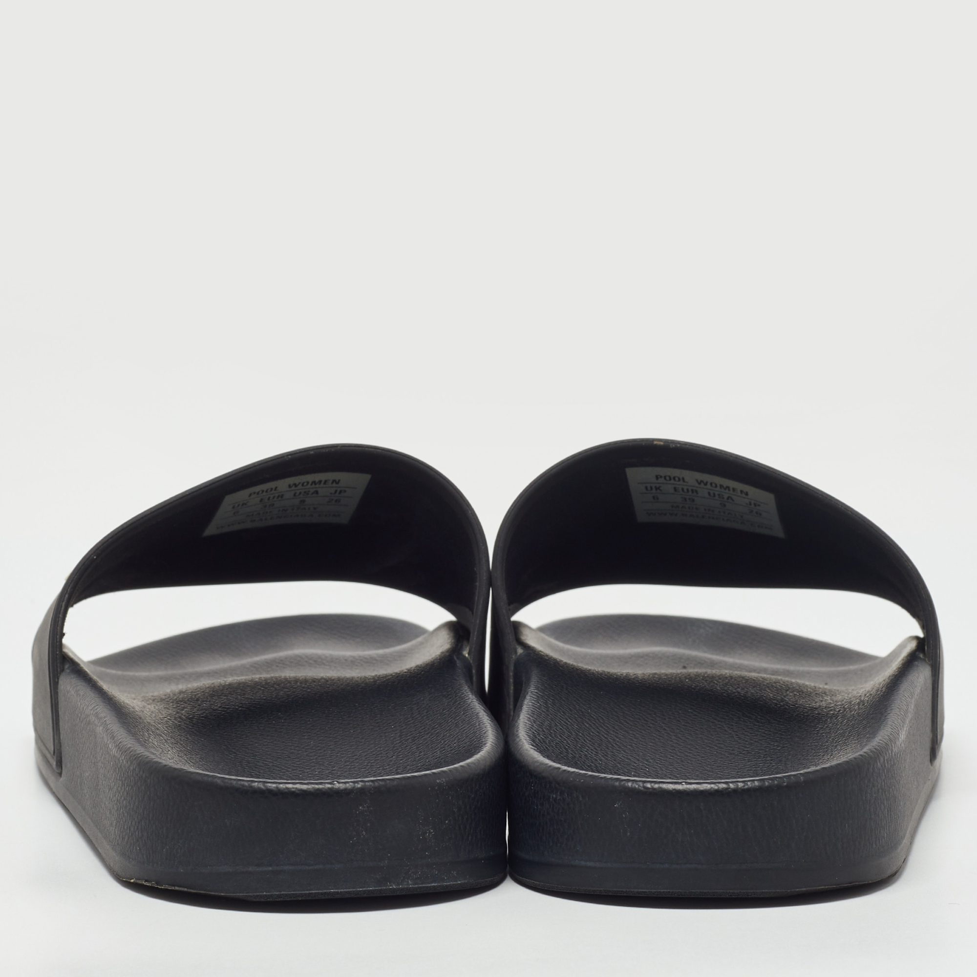 Balenciaga Black Rubber Logo Embossed Flat Slides Size 39