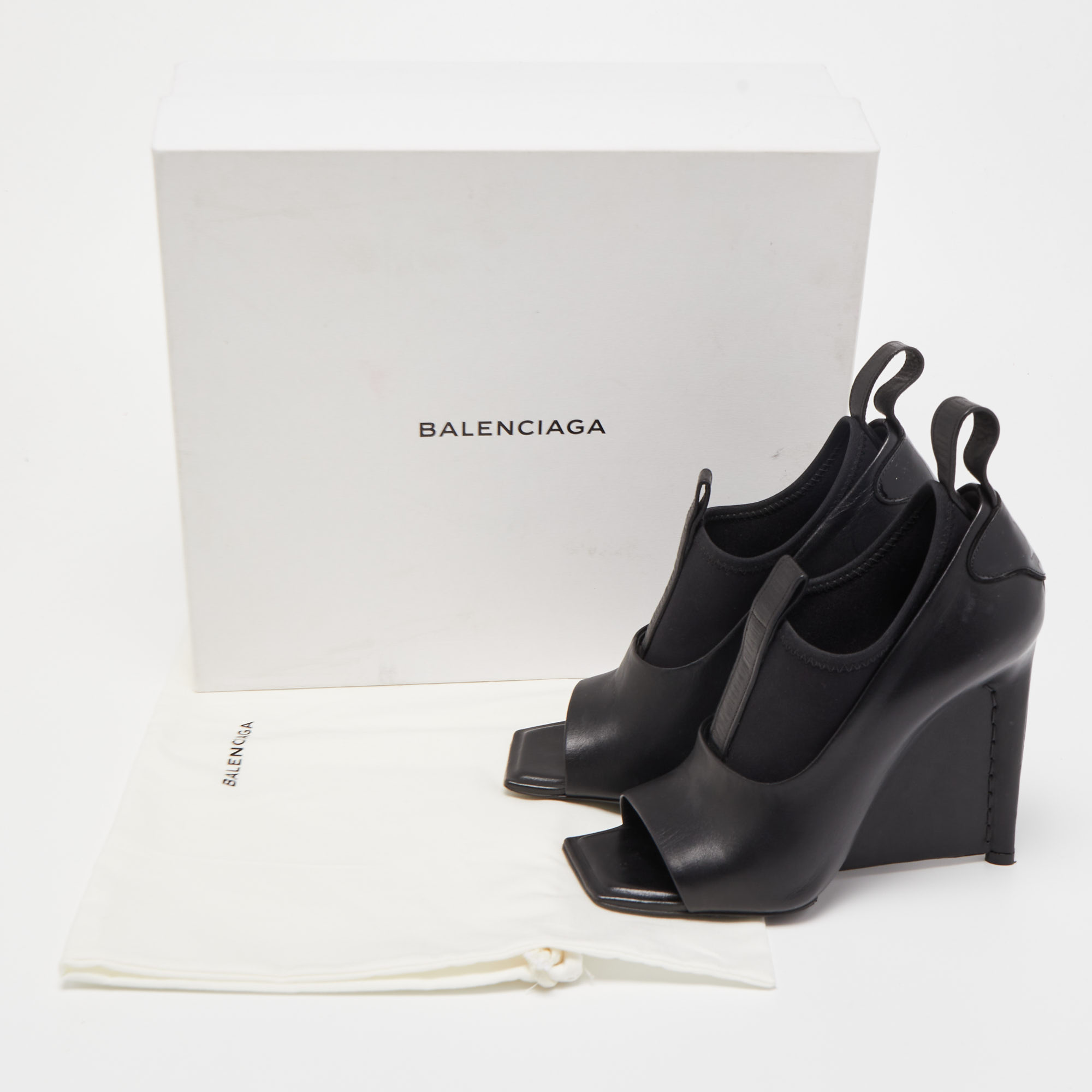 Balenciaga Black Leather Wedge Open Toe Pumps Size 36.5