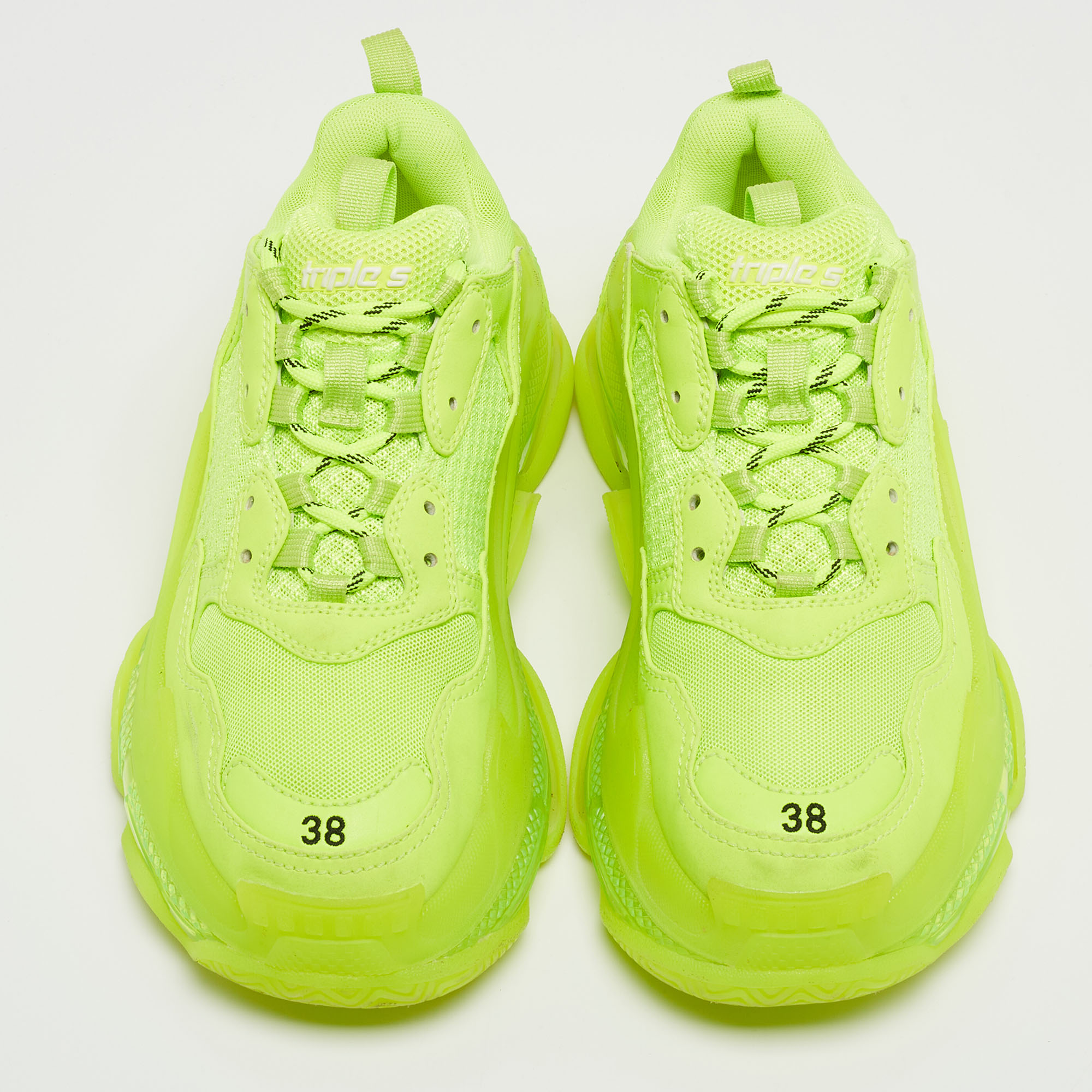 Balenciaga Neon Green Faux Leather And Mesh Triple S Low Top Sneakers Size 38