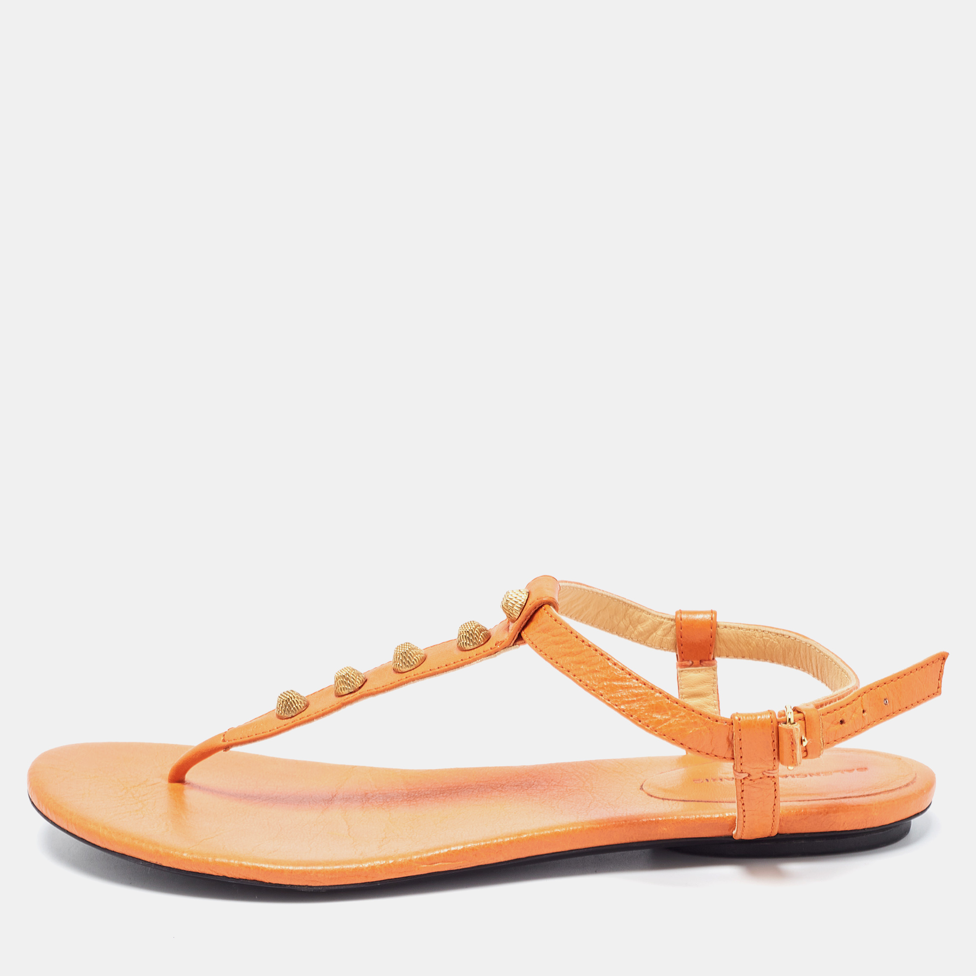 Balenciaga Orange Leather Arena Thong Flat Sandals Size 40.5