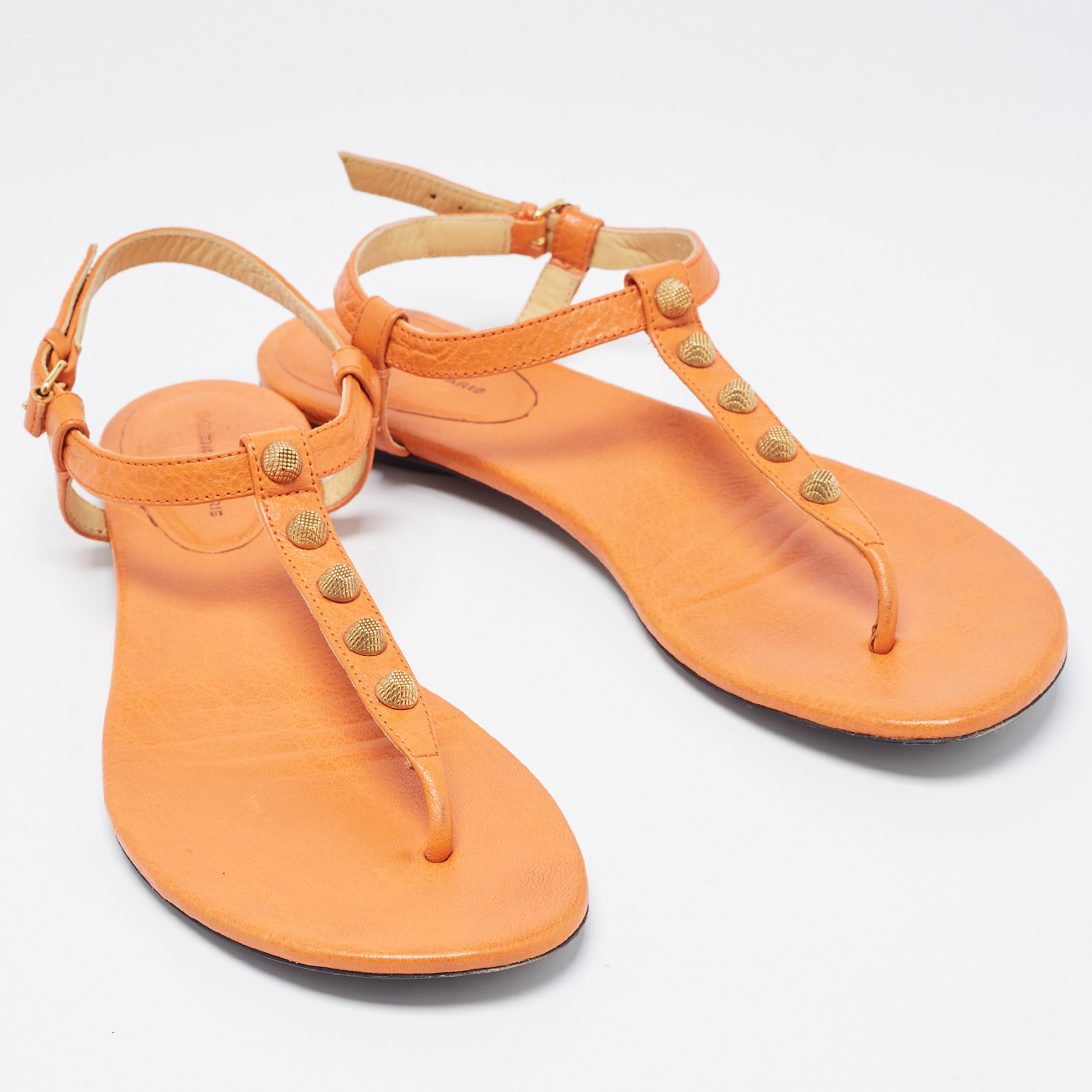 Balenciaga Orange Leather Arena Thong Flat Sandals Size 40.5