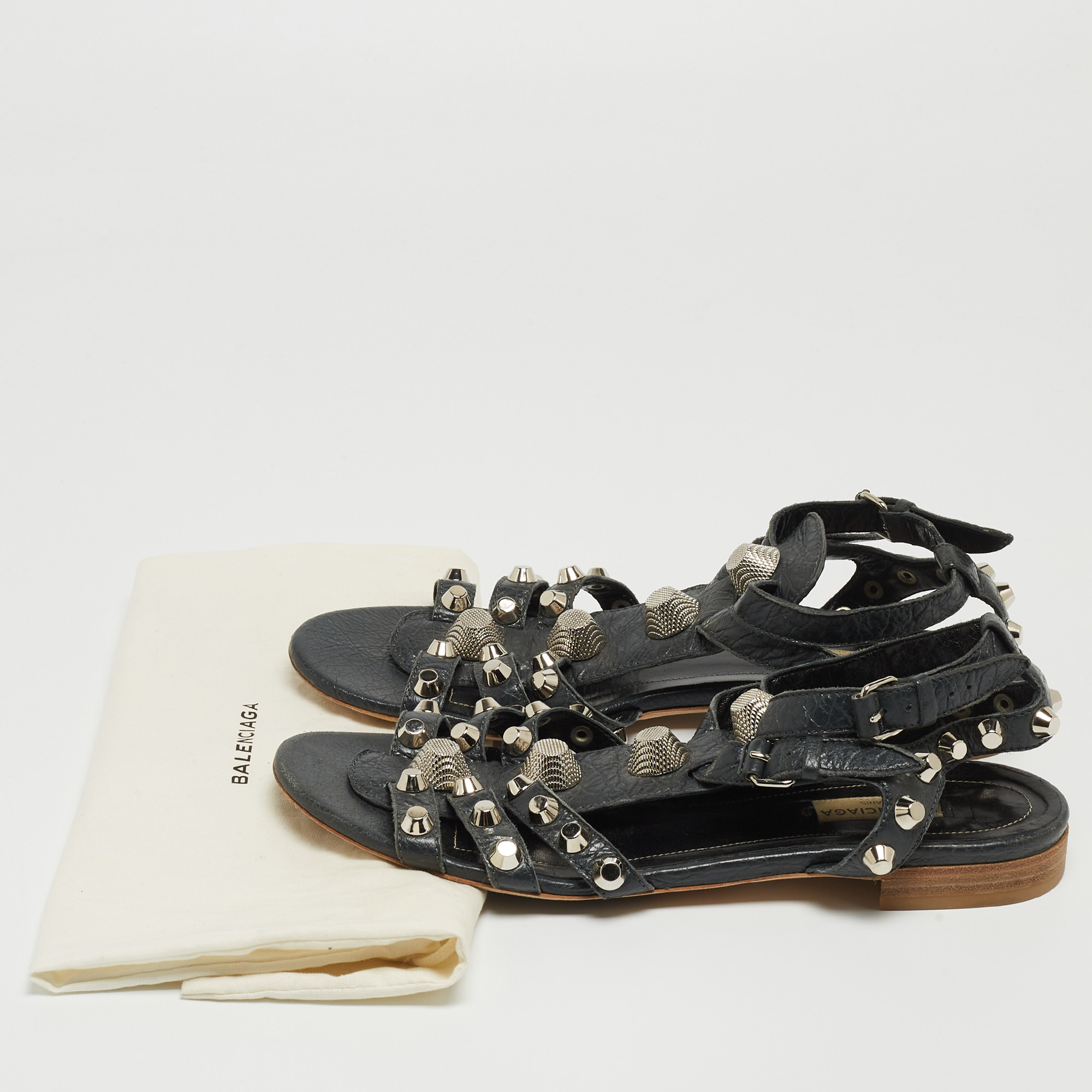 Balenciaga Dark Grey Leather Studded Ankle Strap Flat Sandals Size 39.5