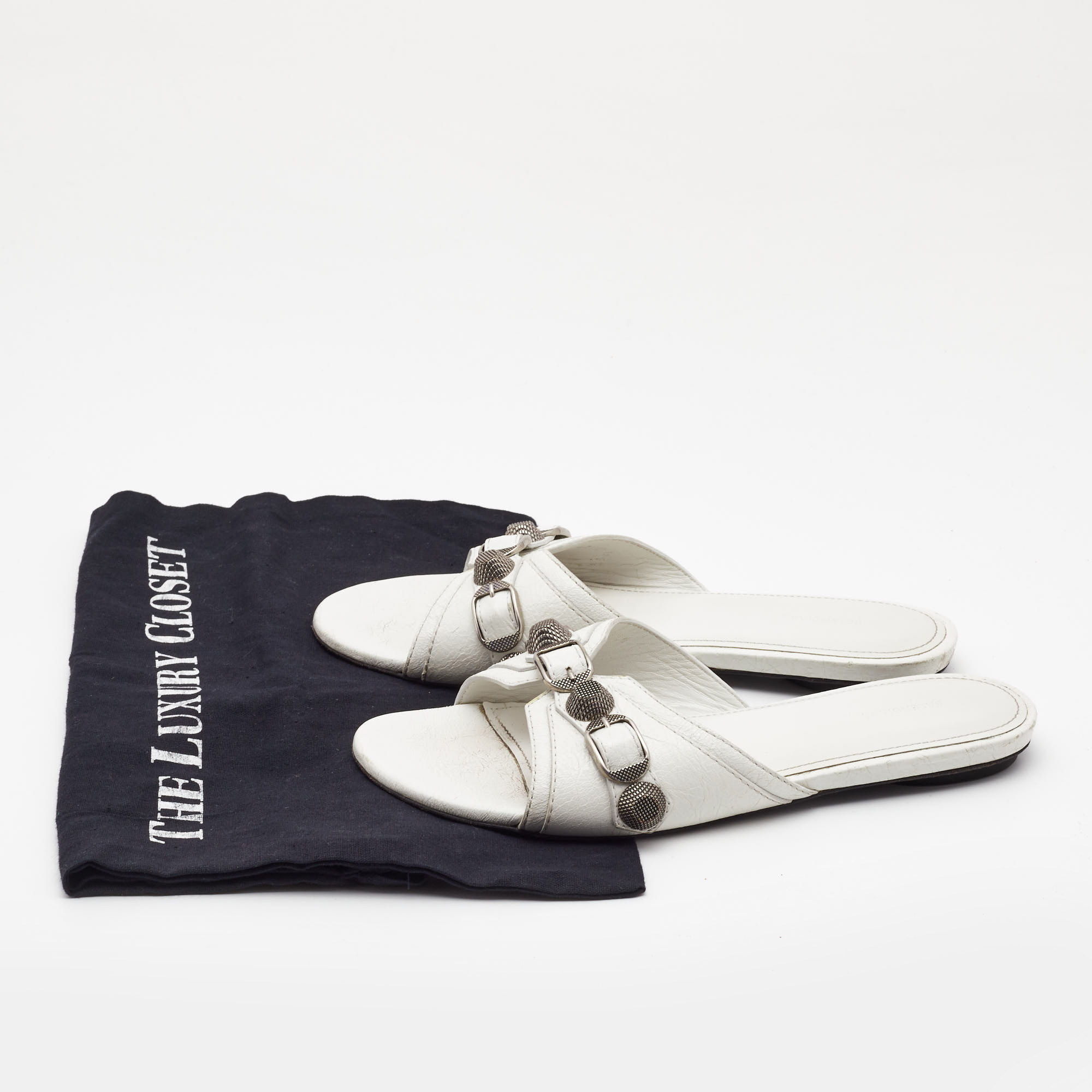 Balenciaga White  Leather Cagole Flat Slides Size 36