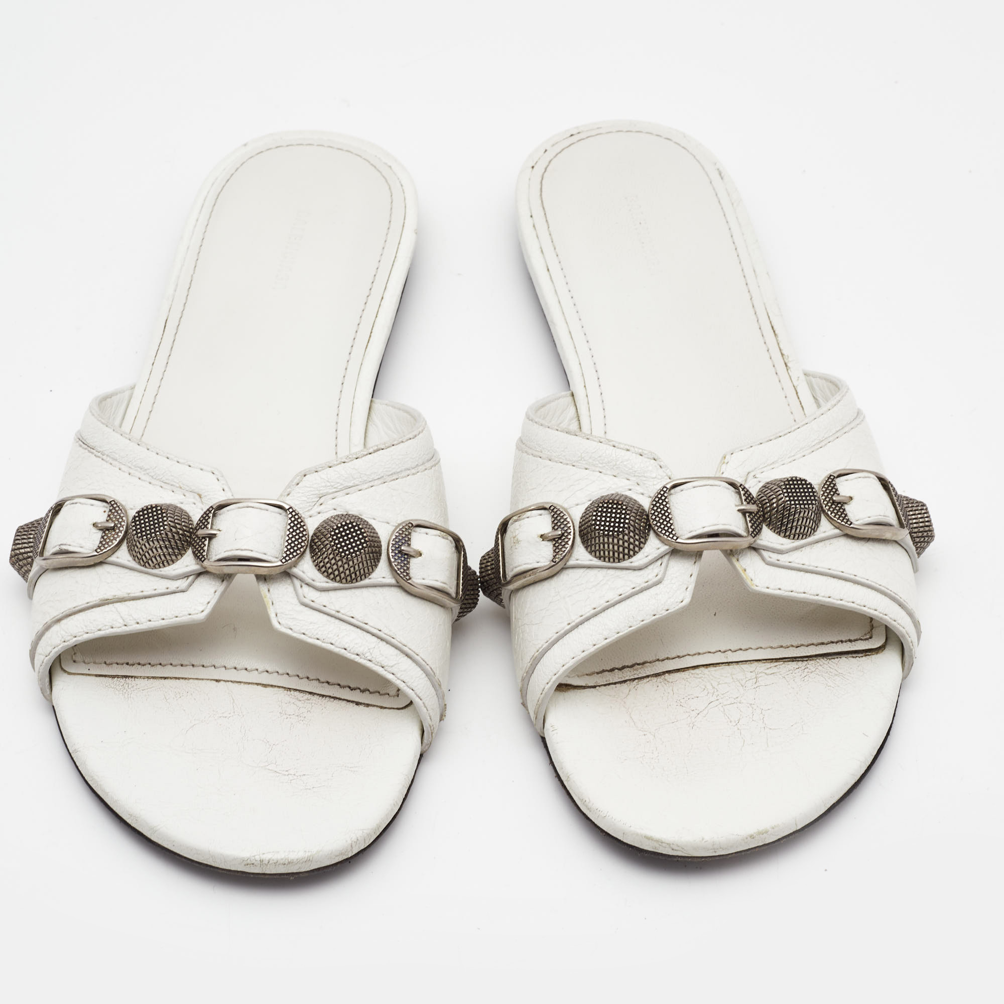 Balenciaga White  Leather Cagole Flat Slides Size 36