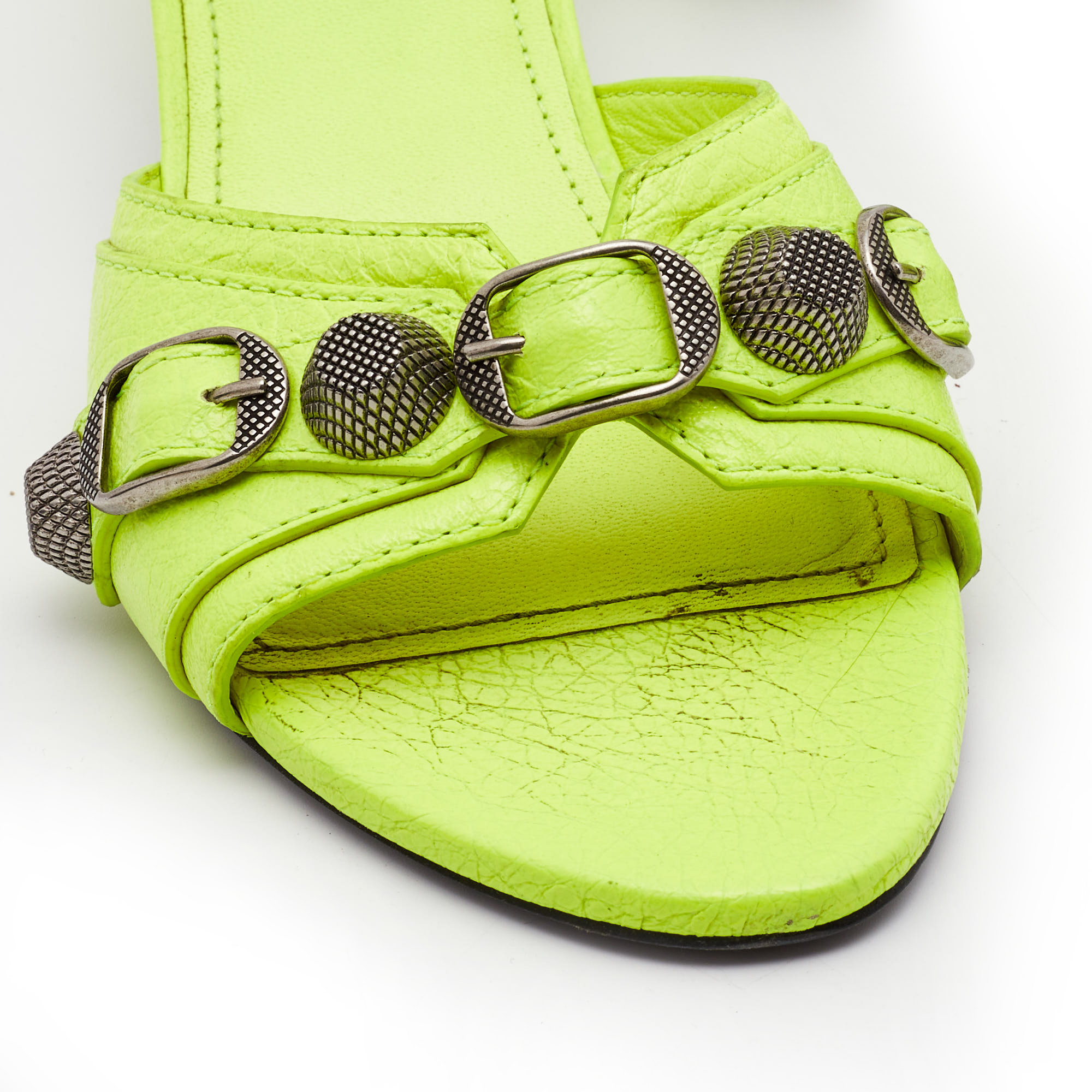 Balenciaga Neon Yellow Leather Le Cagole Slide Sandals Size 36