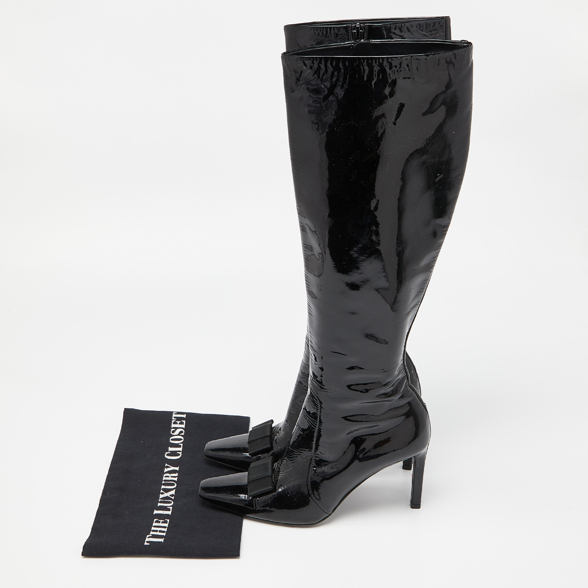 Balenciaga Black Patent Leather Bow Calf Length Boots Size 36