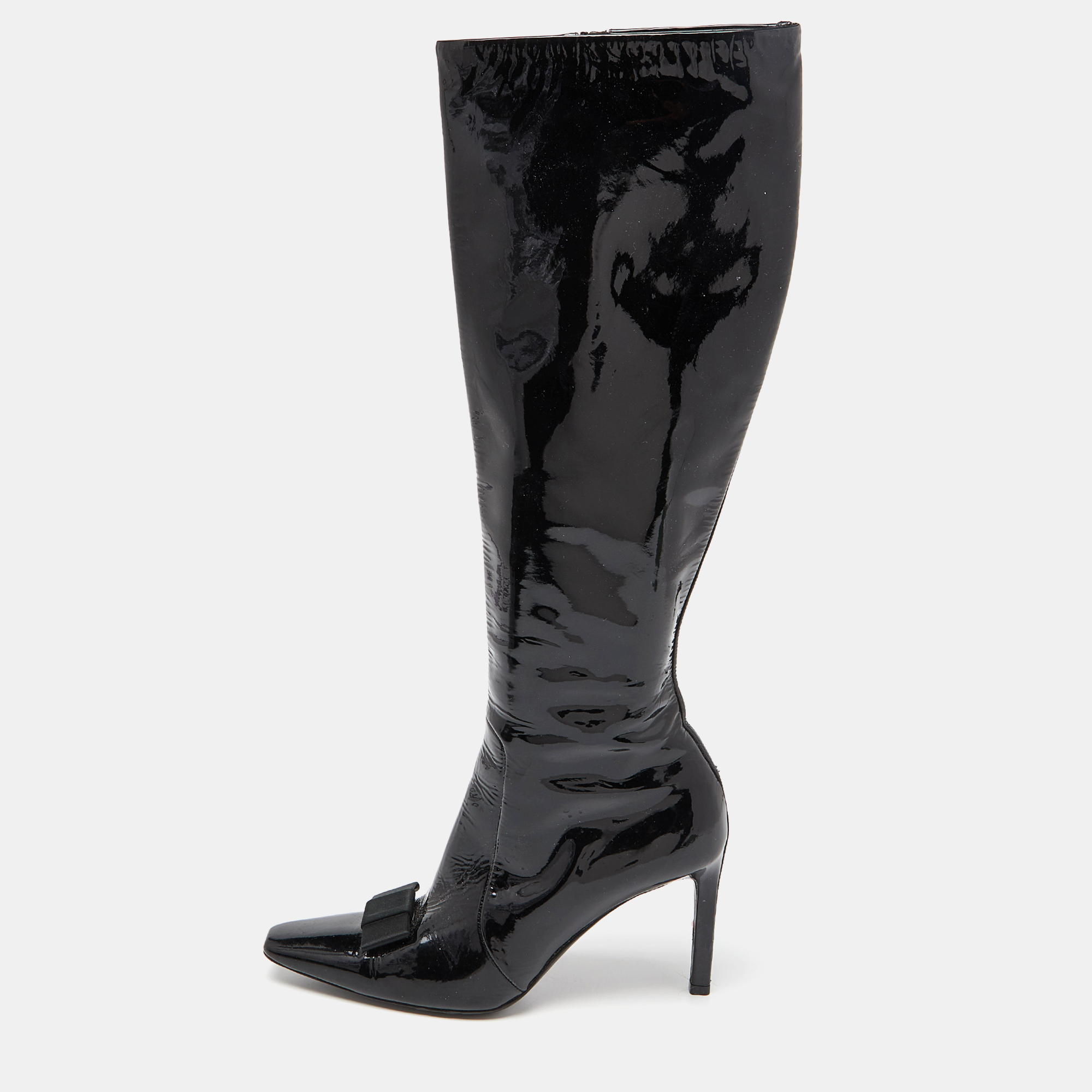 Balenciaga black patent leather bow calf length boots size 36