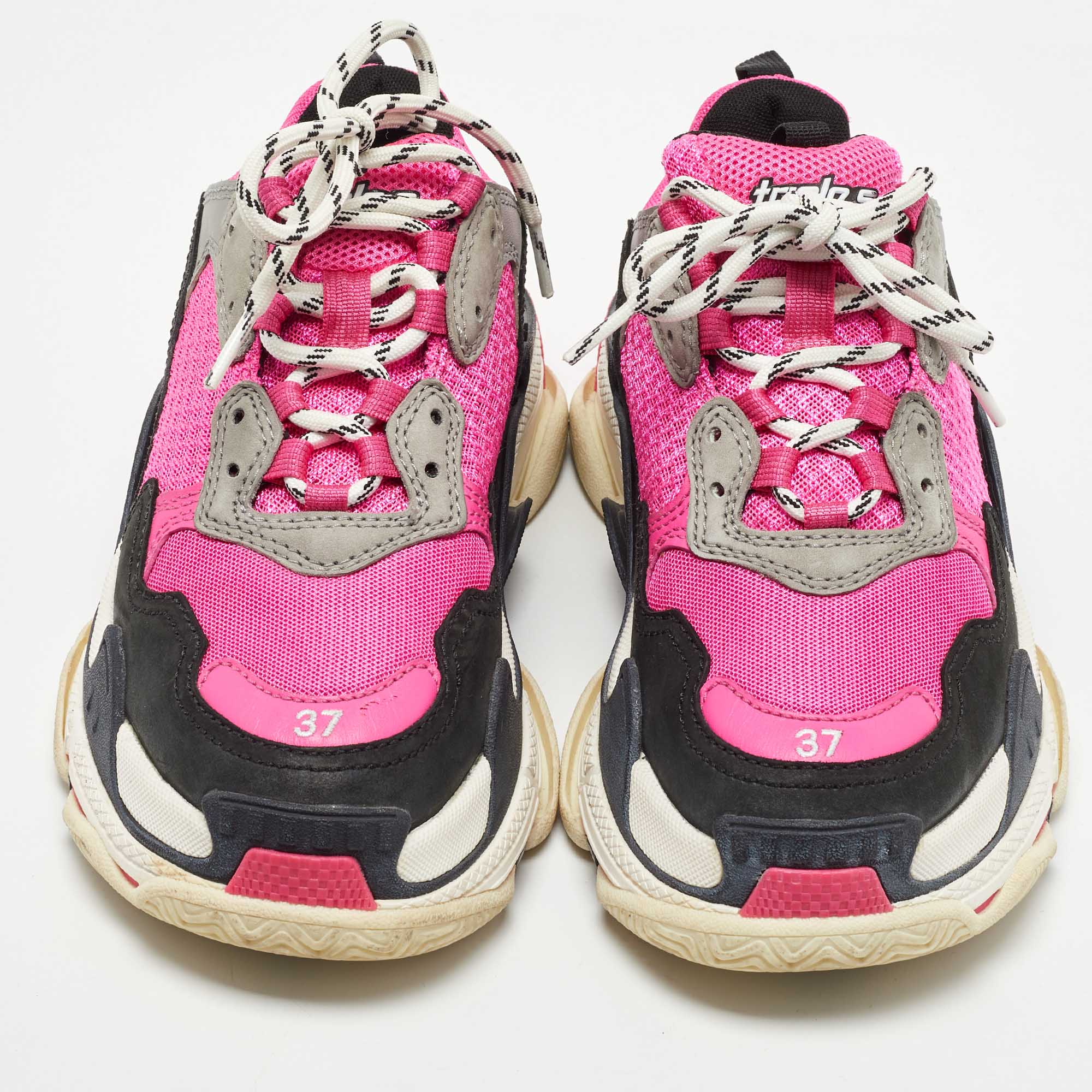 Balenciaga Pink/Black Mesh And Leather Triple S Sneakers Size 37
