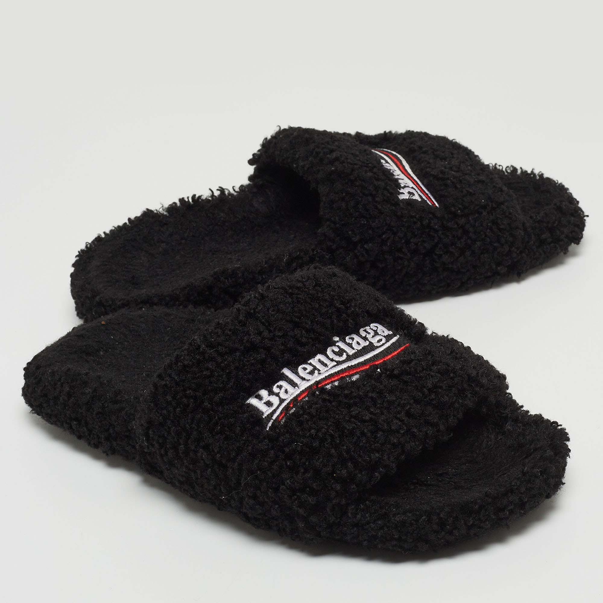 Balenciaga Black Shearing Fur Flat Slides Size 38