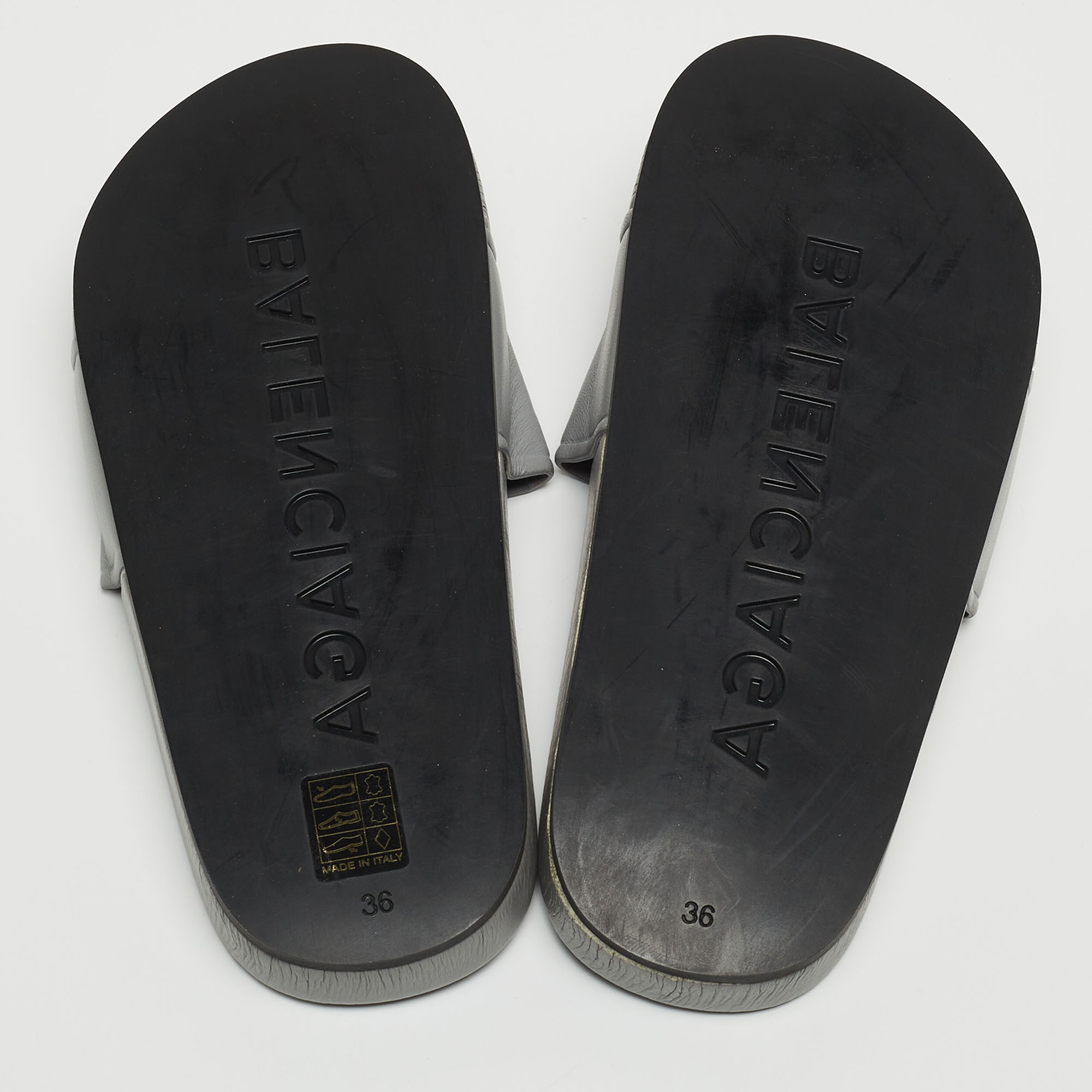 Balenciaga Grey Leather Logo Pool Slides Size 36
