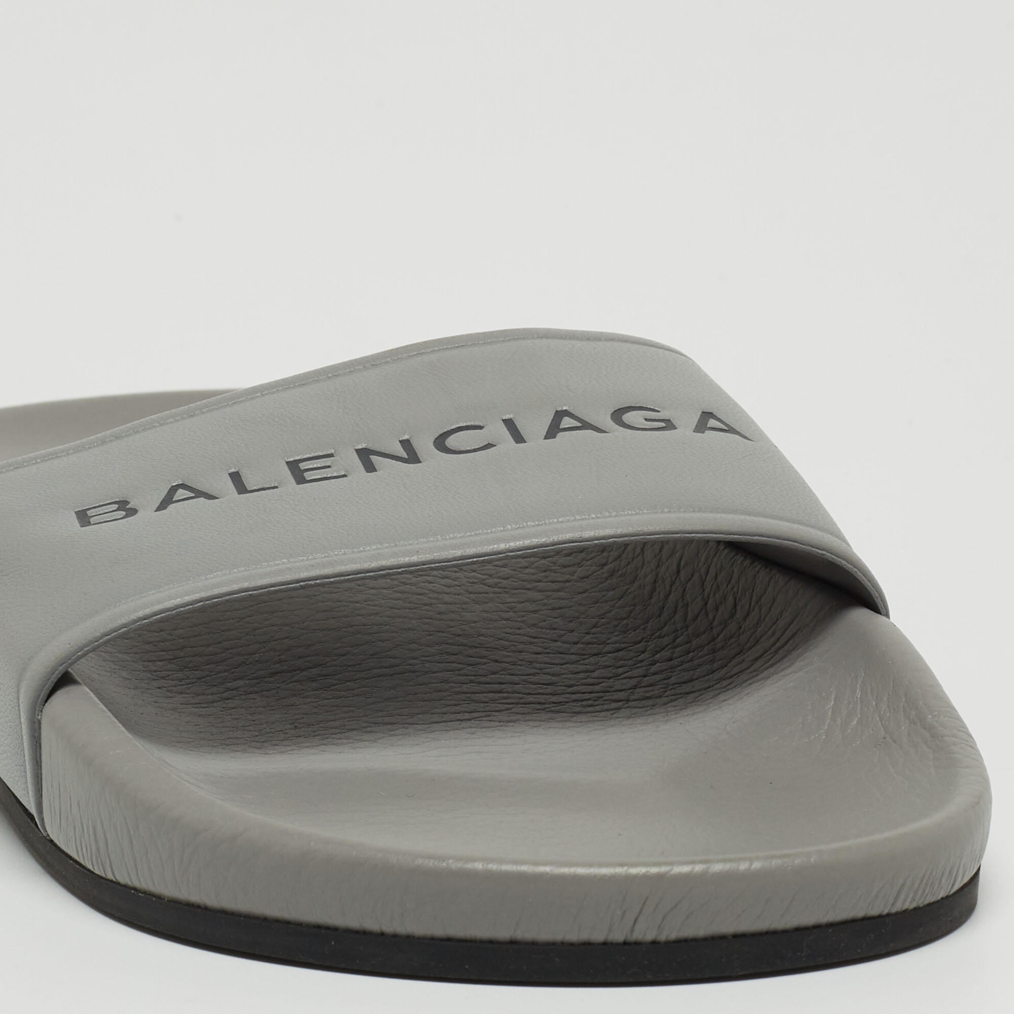 Balenciaga Grey Leather Logo Pool Slides Size 36