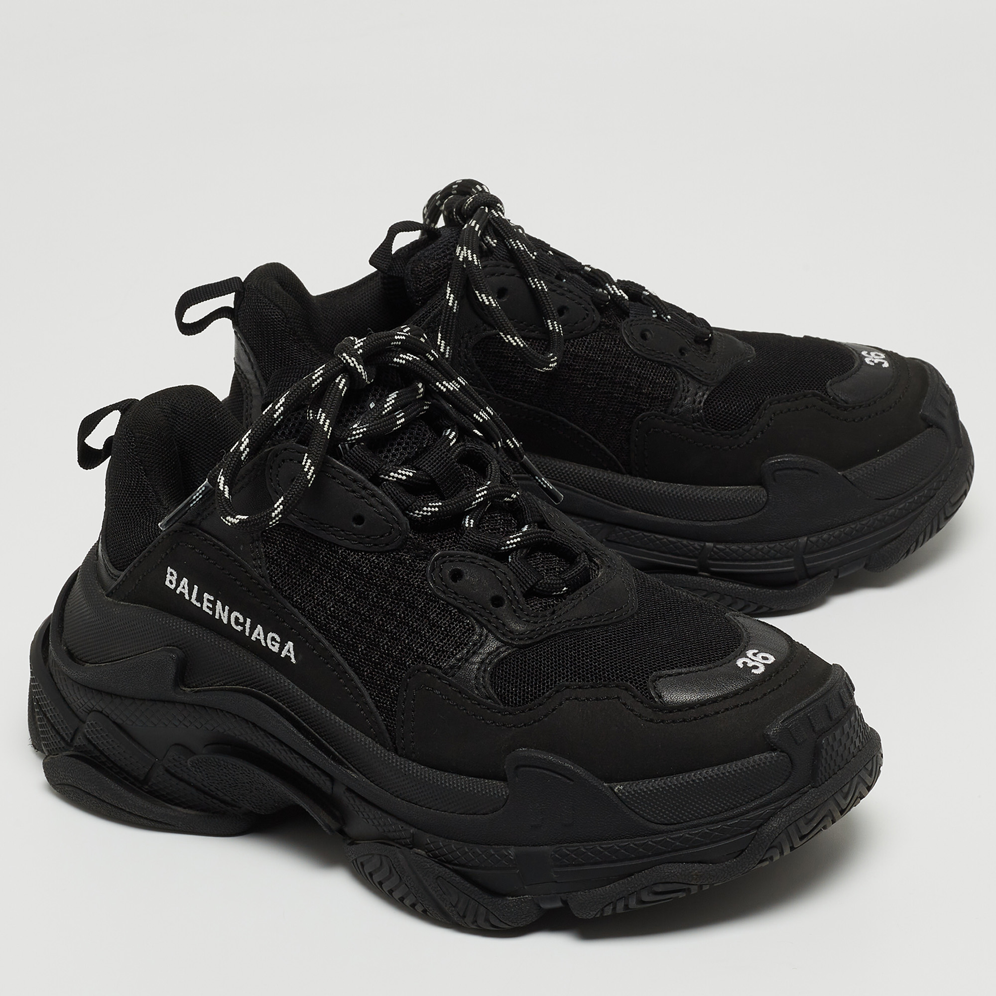 Balenciaga Black Leather And Mesh Triple S Sneakers Size 36
