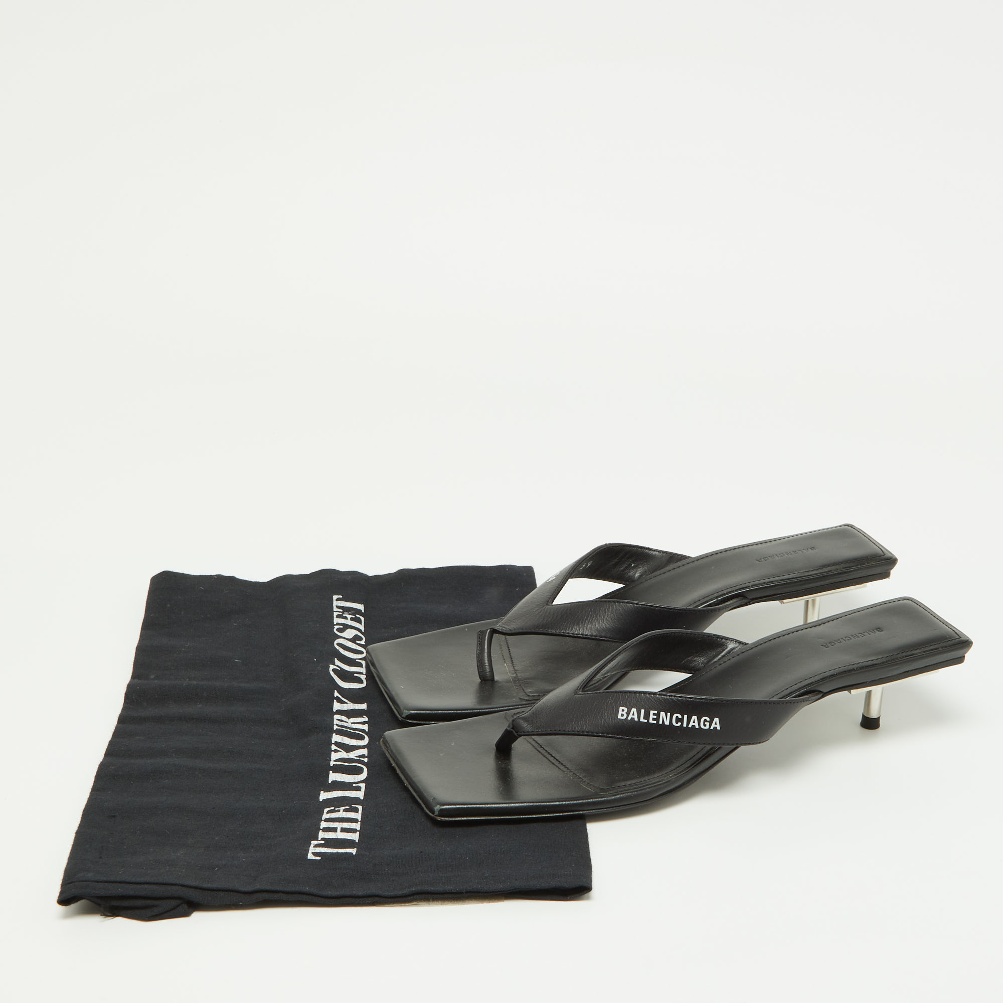 Balenciaga Black Leather Thong Slide Sandals Size 39