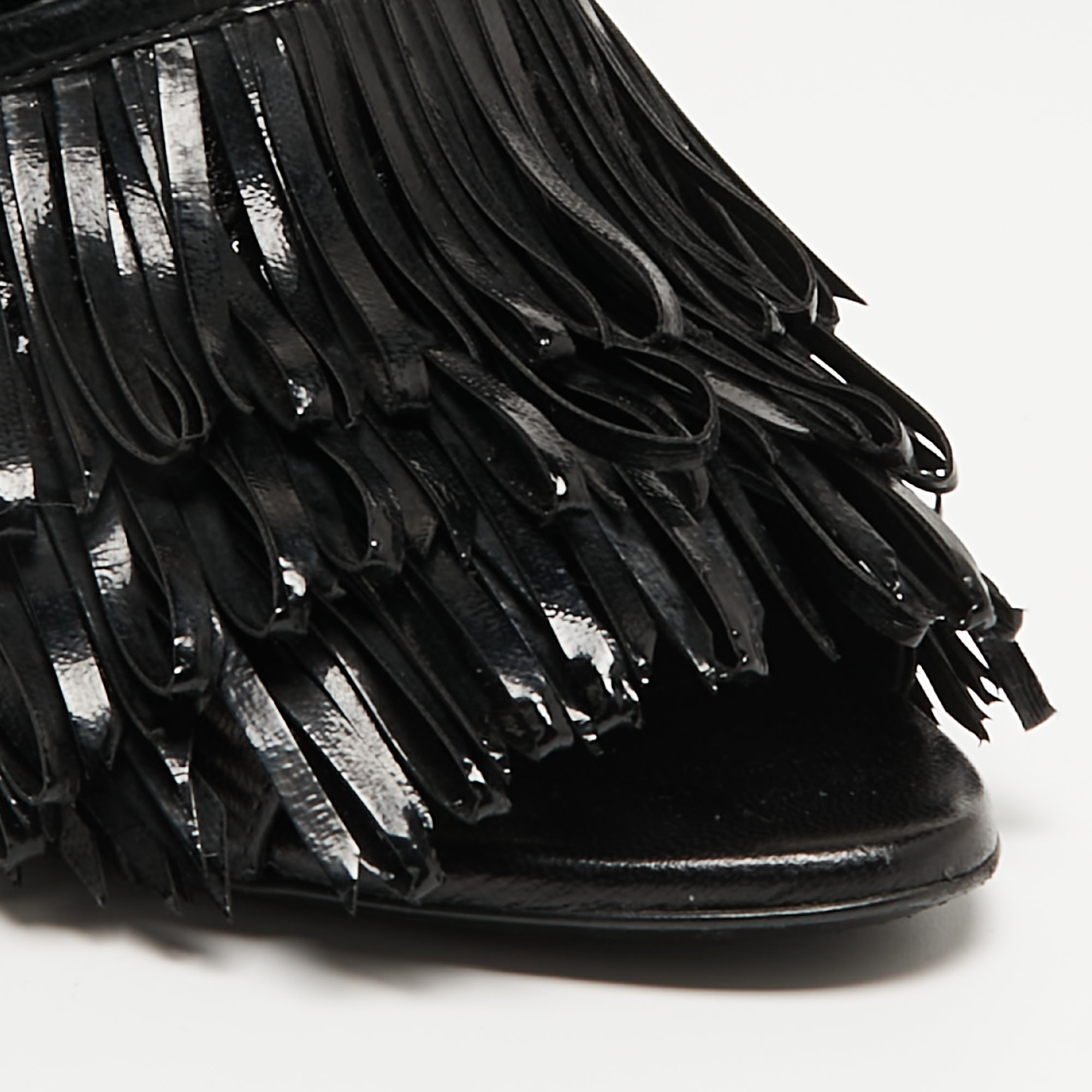 Balenciaga Black Fringe Leather Chain Detail Ankle Strap Sandals Size 39